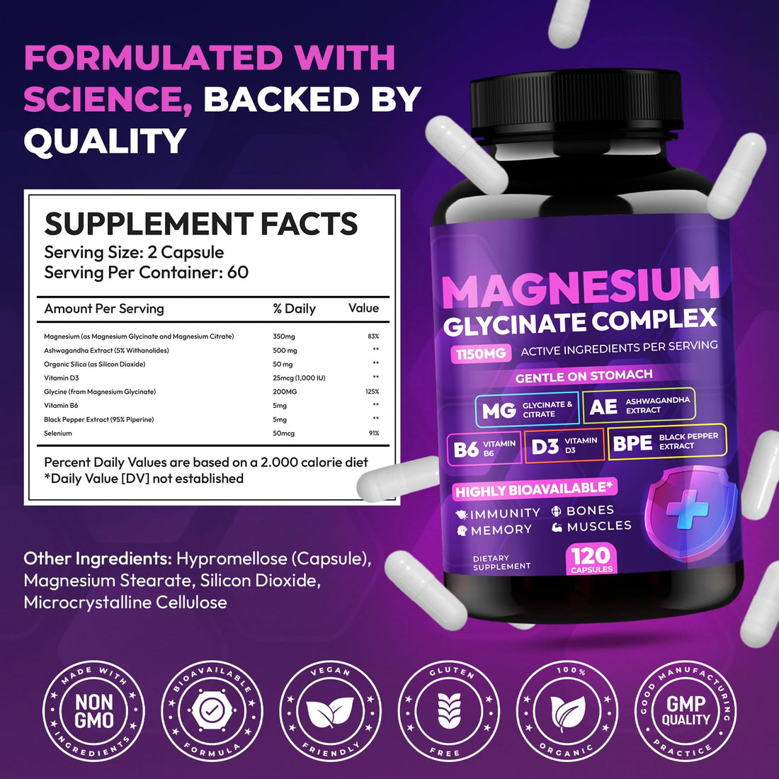 Two bottles of magnesium supplement with purple labels on a white background
