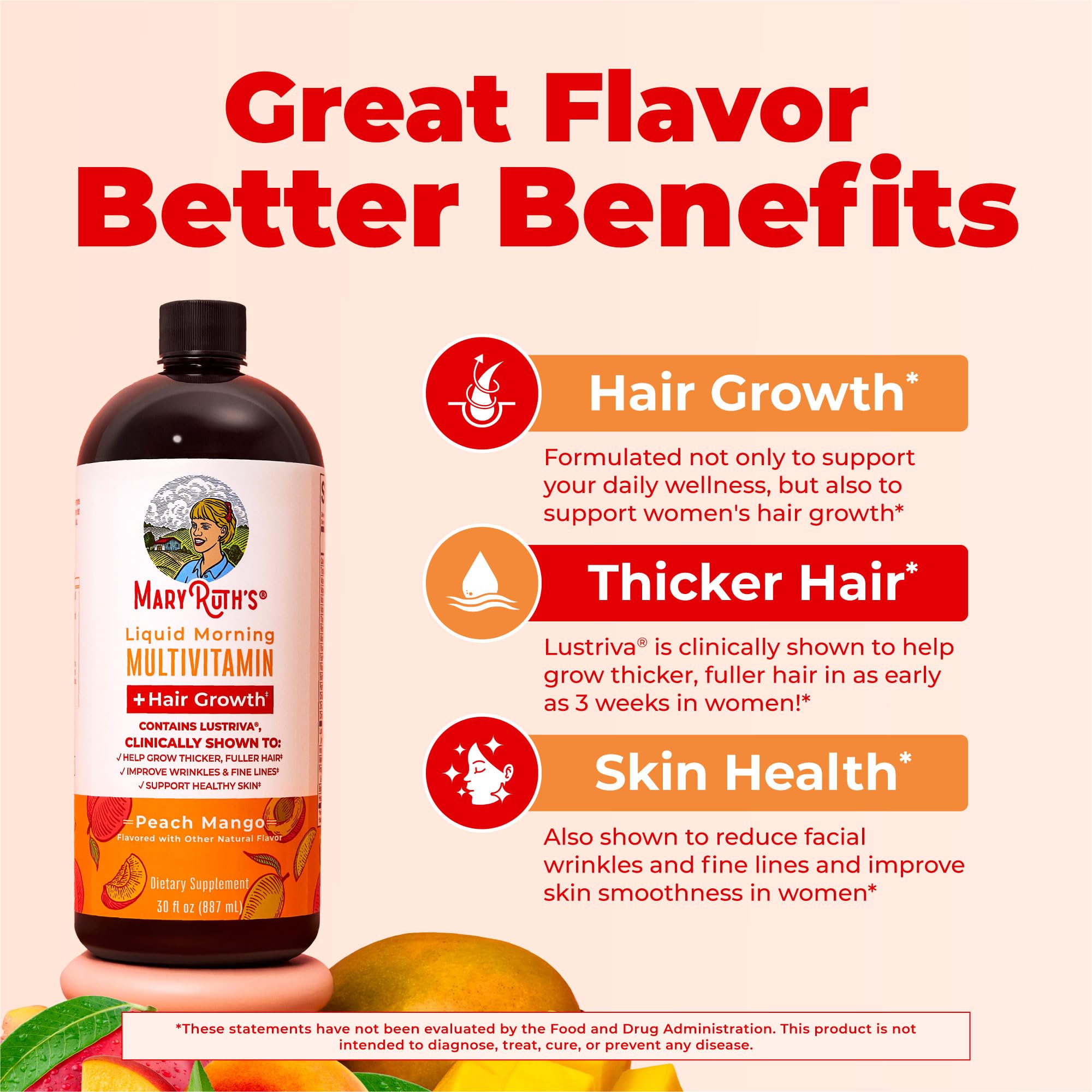 MARYRUTH'S Liquid Multivitamin + Hair Growth | Clinically Tested in Women for Thicker Hair & Facial Wrinkles | Biotin 10000mcg | Lustriva Hair Growth Supplements | Skin Care | Ages 18+ | 15.22 Fl Oz