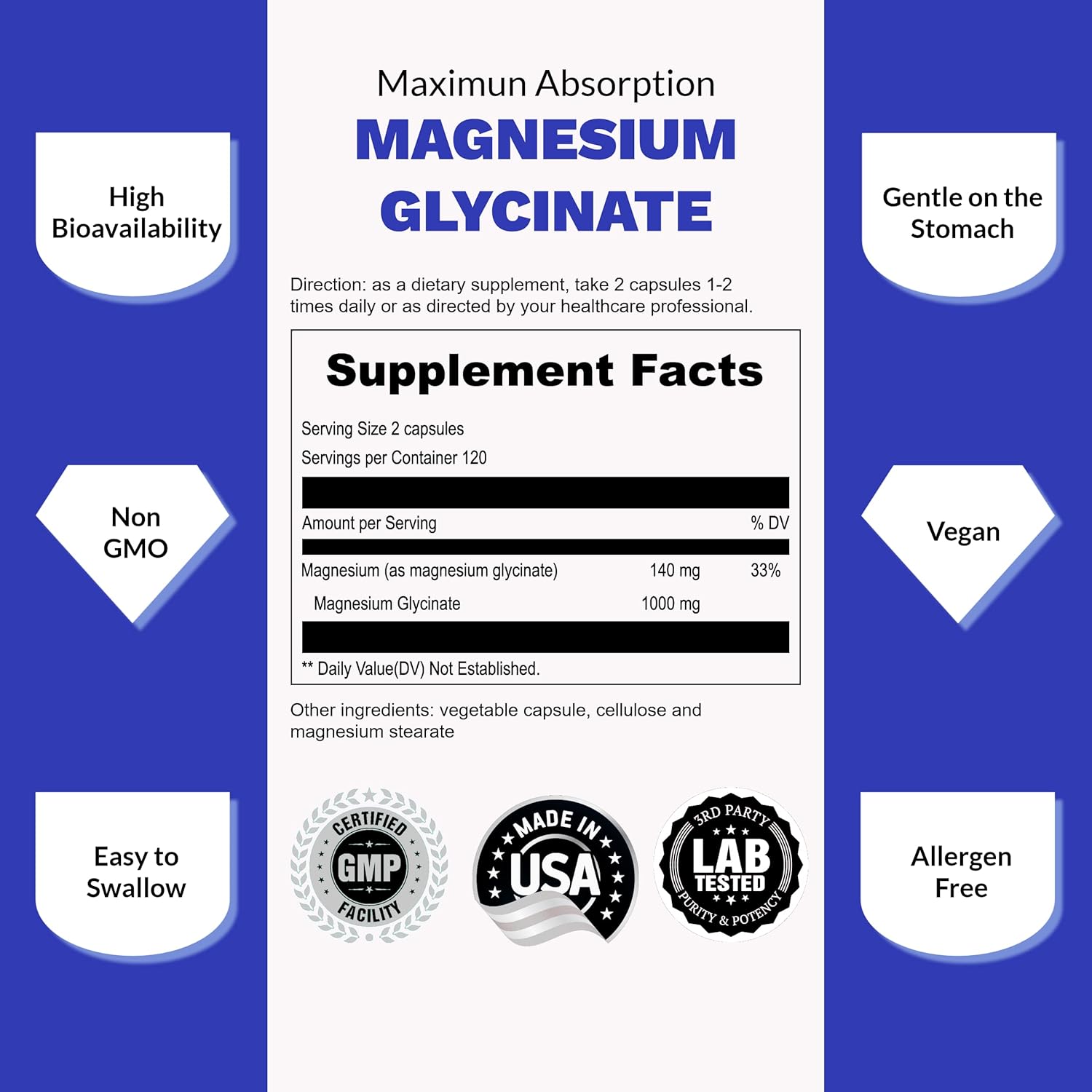 UpNourish Chelated Magnesium Glycinate 500mg Capsules - Magnesium Chelate for High Absorption - Pure Magnesium Supplement 480 Capsules
