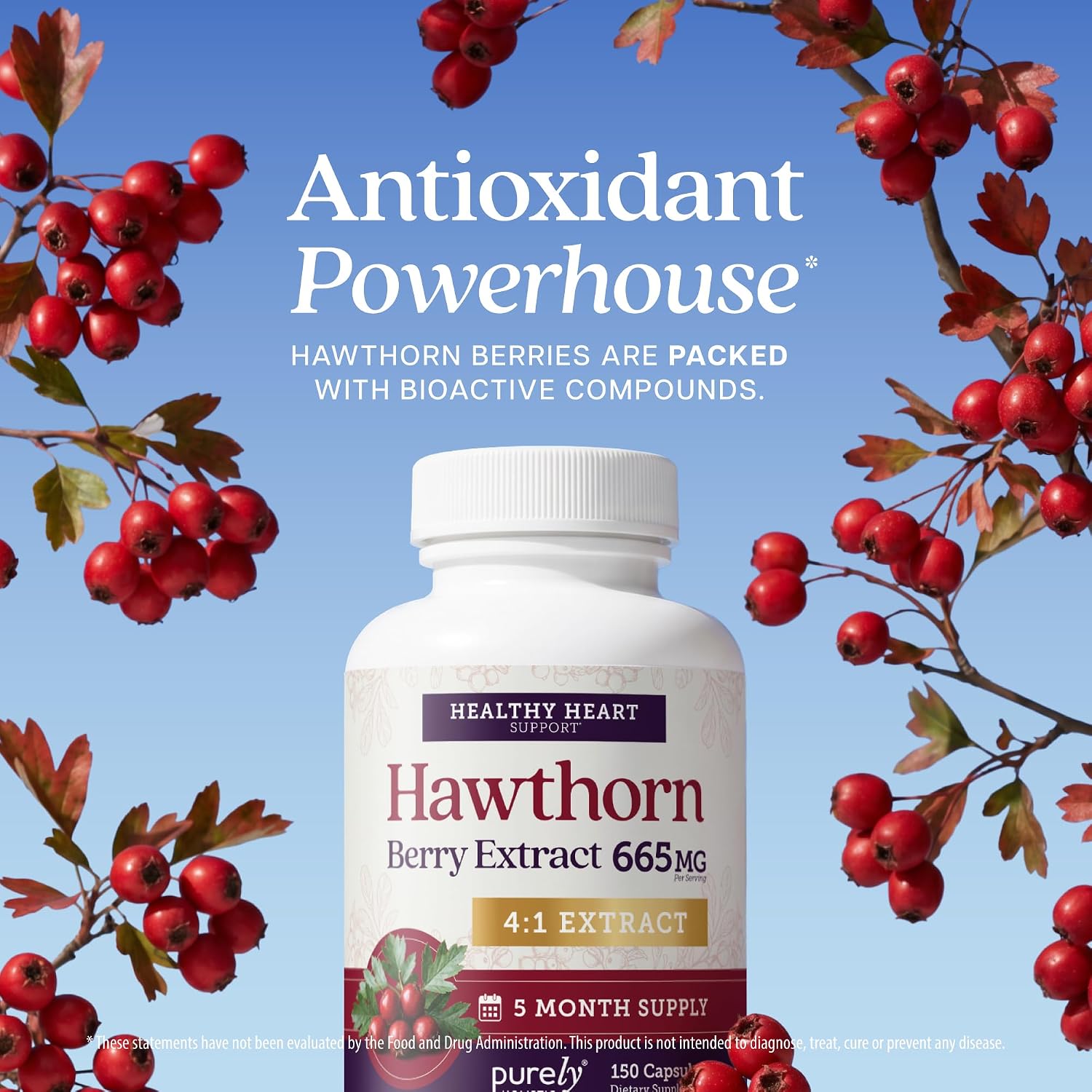 Hawthorn Berry Supplement, 5 Month Supply, Powerful 4:1 Hawthorn Extract | High Strength Hawthorne Berries, Cardiovascular Health Support, Hawthorne Berry Supplement, Vegan & Non-GMO, 150 Capsules