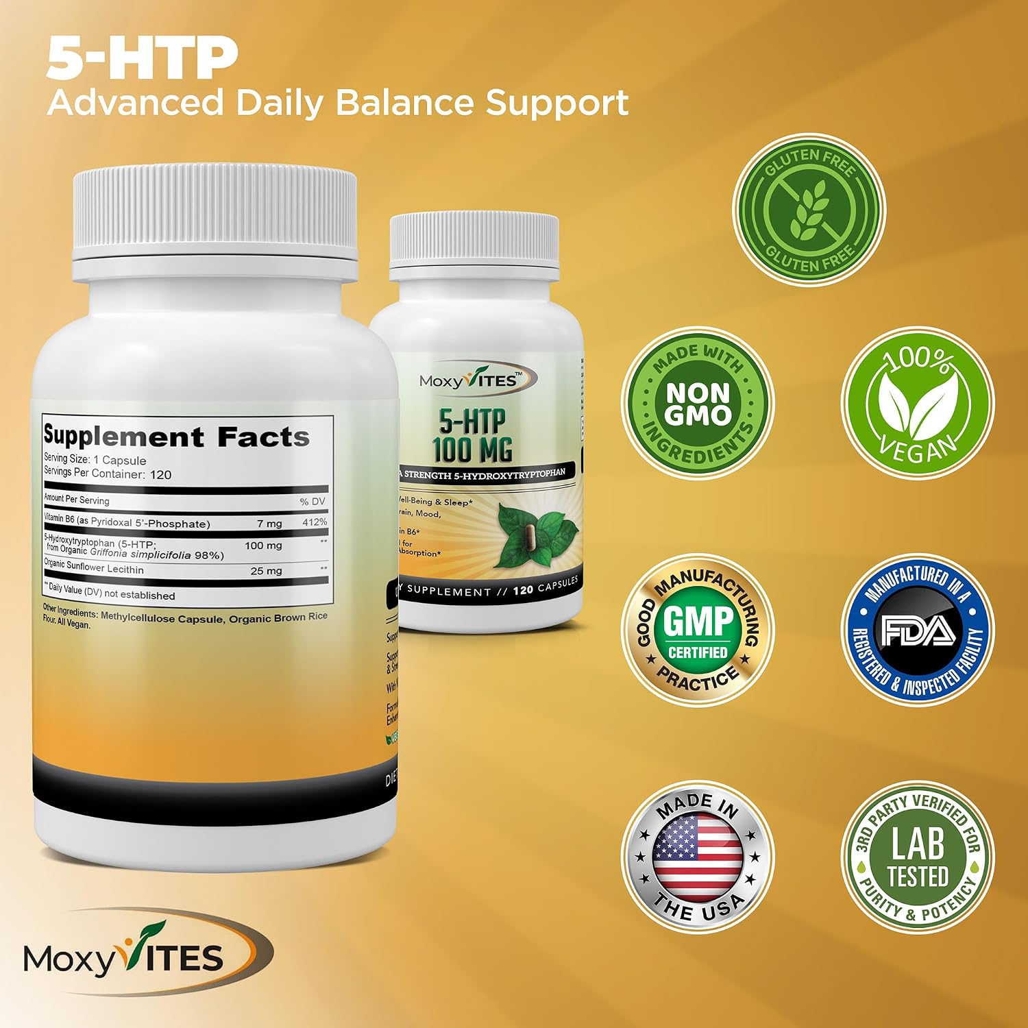 MoxyVites 5HTP 100mg Supplement, Plus B6, 5 HTP Organic Whole Food - Best Serotonin Booster - Non-GMO, 120 Vegan Capsules