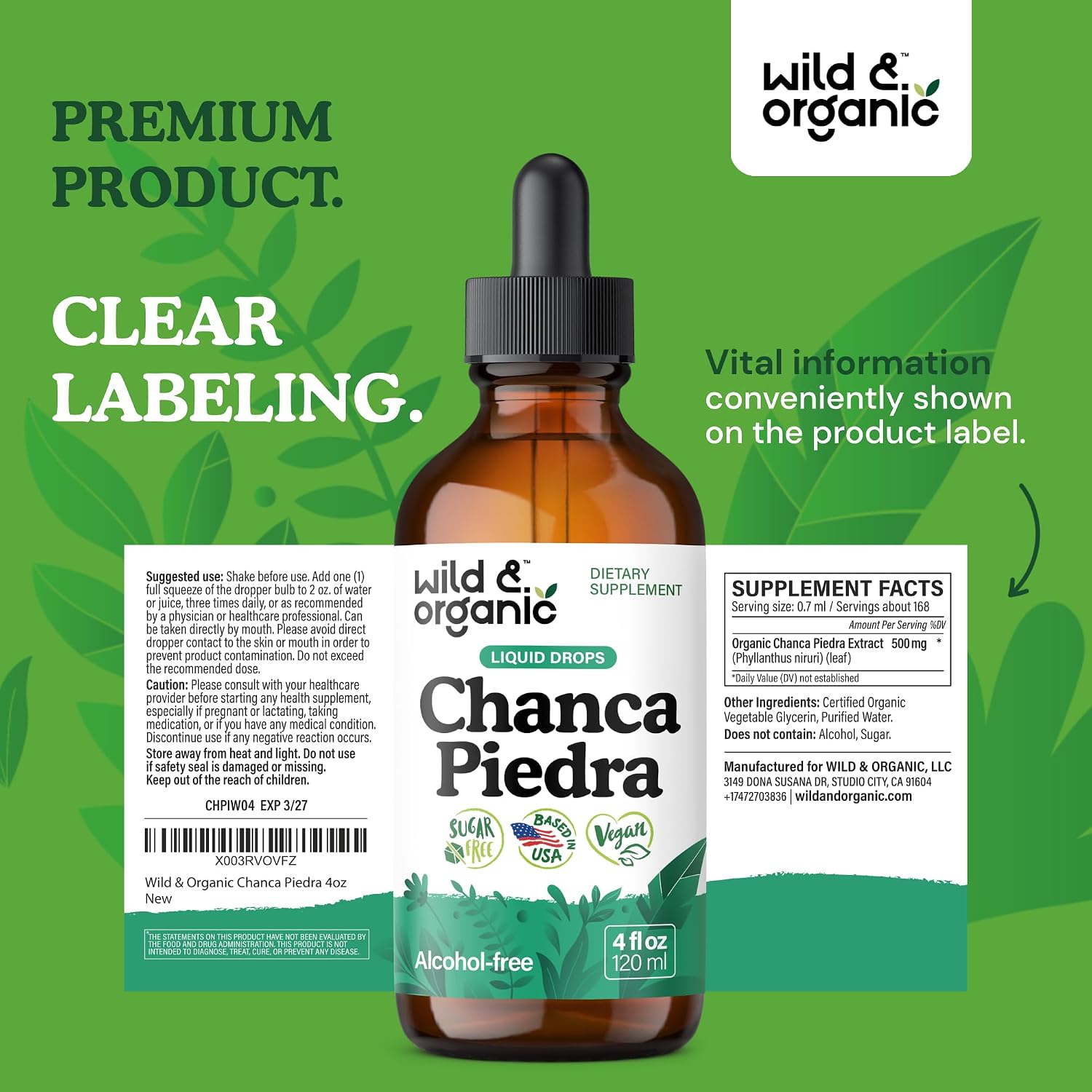 Wild & Organic Chanca Piedra Stone Breaker Drops - Kidney, Gallbladder & Urinary Support - Chanca Piedra Liquid Extract for Fast Absorption - Add to Tea Herb Tincture - Sugar & Alcohol-Free - 4 oz