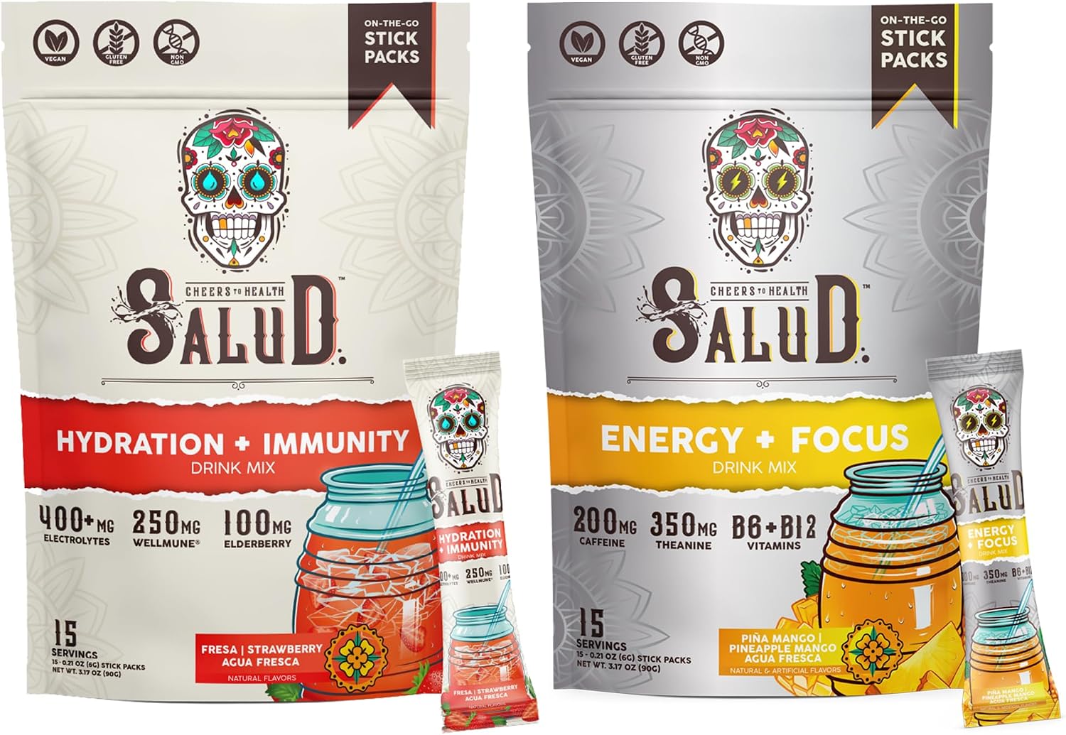 Salud 2-Pack | 2-in-1 Hydration + Immunity (Strawberry) & Energy + Focus (Pineapple Mango) – 15 Servings Each, Agua Fresca Drink Mix, Non-GMO, Gluten Free, Vegan, Low Calorie, 1g of Sugar