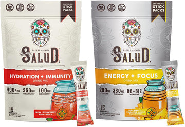 Salud 2-Pack | 2-in-1 Hydration + Immunity (Strawberry) & Energy + Focus (Pineapple Mango) – 15 Servings Each, Agua Fresca Drink Mix, Non-GMO, Gluten Free, Vegan, Low Calorie, 1g of Sugar