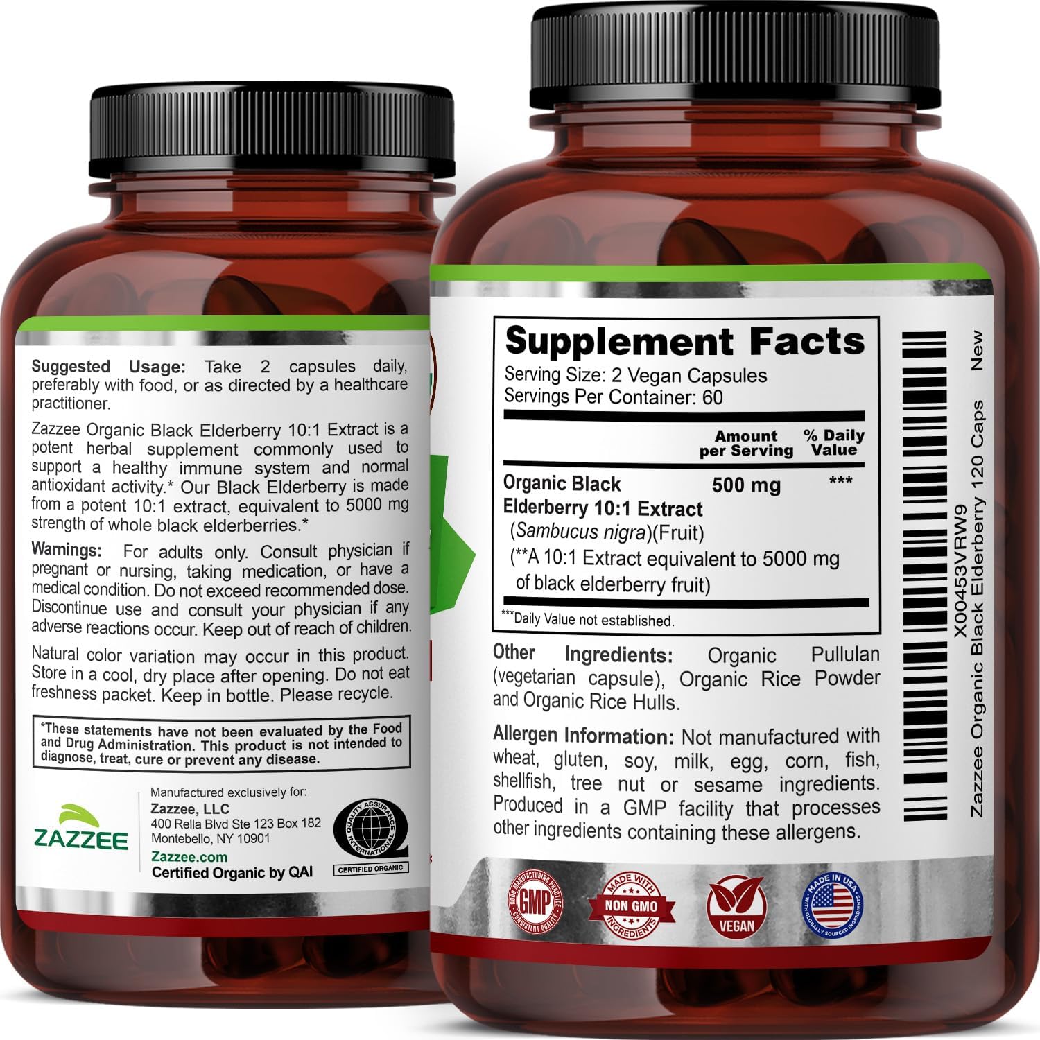 Zazzee USDA Organic Black Elderberry 10:1 Extract, 120 Vegan Capsules, 2 Month Supply, Sambucus Nigra, Antioxidant & Immune Support, Concentrated 10X Extract, All-Natural, Non-GMO, Made in the USA