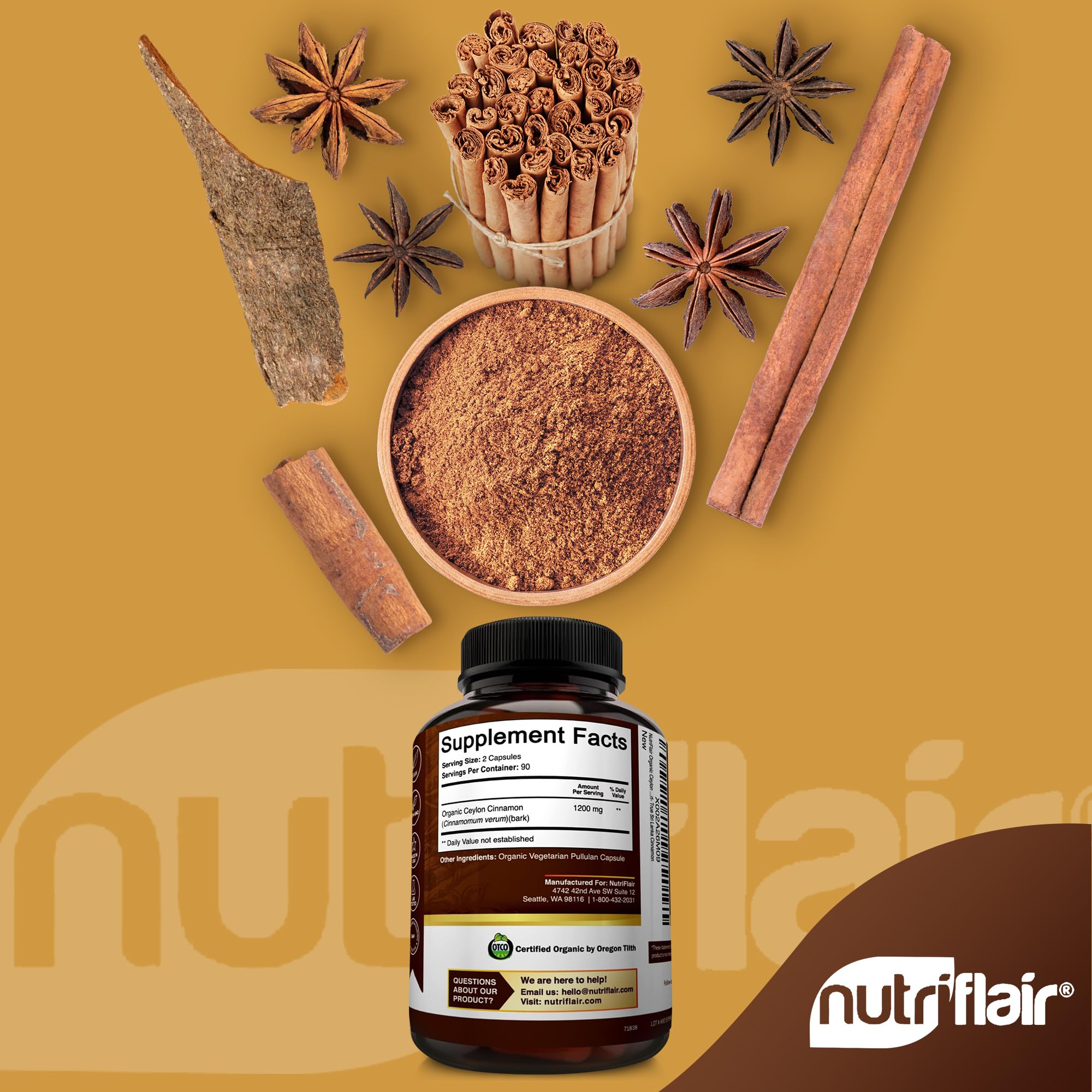 NutriFlair Organic Ceylon Cinnamon Supplement 1200mg, 120 Capsules - USDA Certified - Non-GMO, Gluten Free Powder, Antioxidant Pills