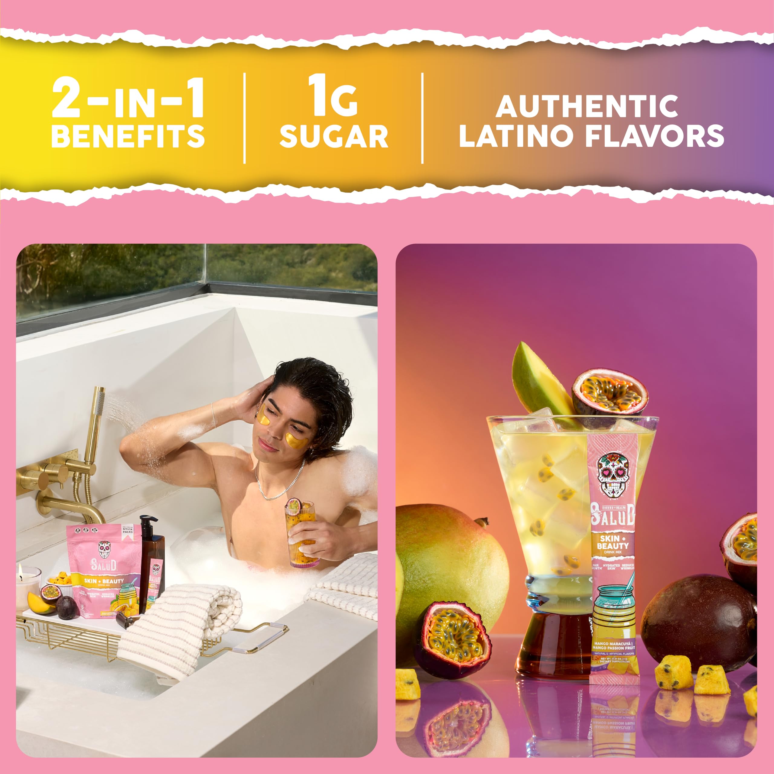 Salud 2-in-1 Skin + Beauty Drink Mix, Strawberry Kiwi | Collagen Peptides with Verisol, Hyaluronic Acid, Vitamin C, Biotin + Lustriva, Hydration Sticks, Gluten Free (15 Servings)