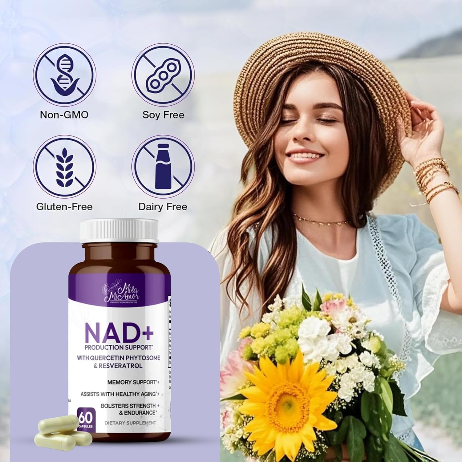 Mila Miamor NAD+ for Cellular Energy & Anti-Aging Supplement| Boost Focus, Vitality & Mitochondrial Function | Supports DNA Repair, Brain Health & Endurance | Non-GMO, Gluten-Free | 60 Capsules