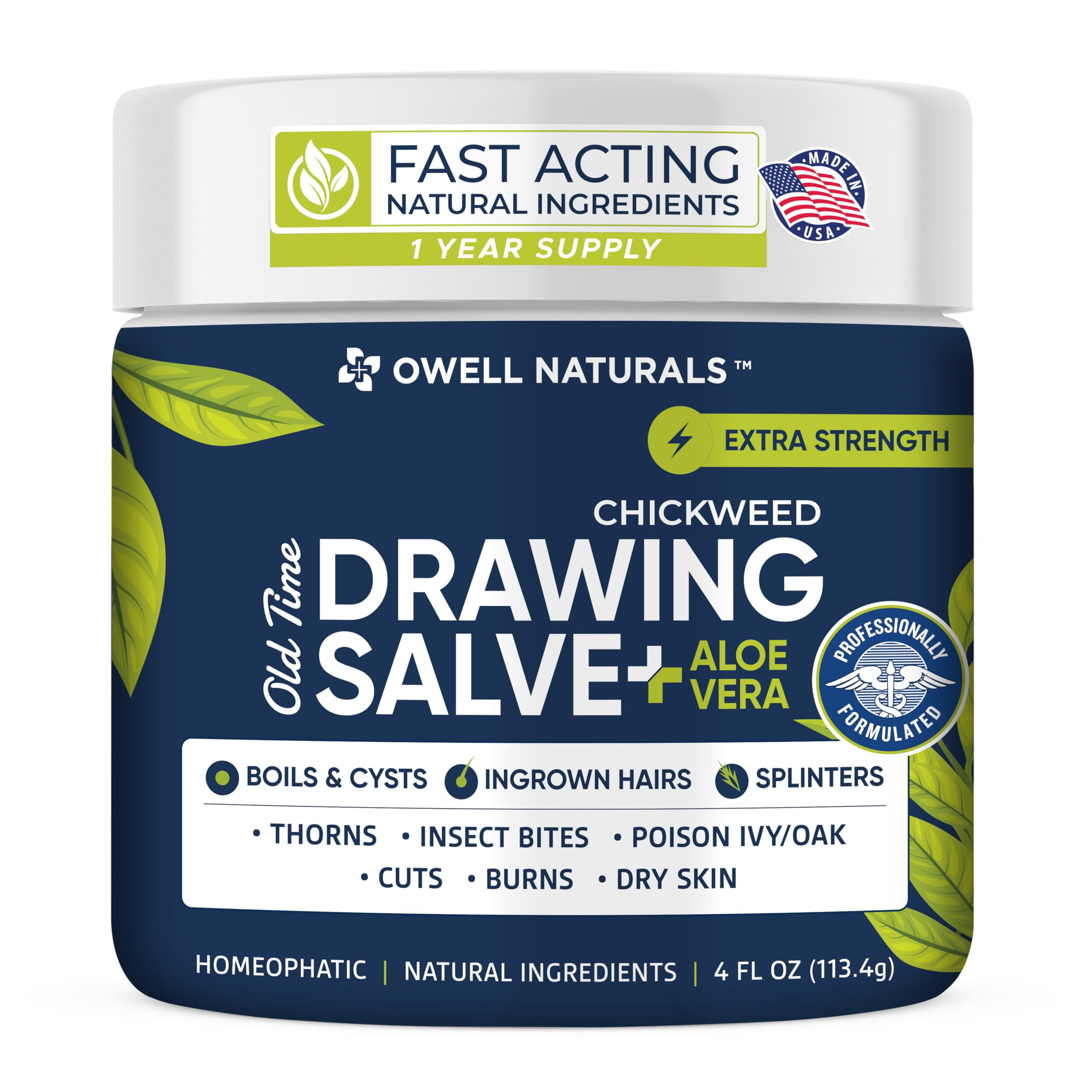 Owell naturals Chickweed Drawing Salve with Aloe Vera for boils, Cyst, Splinters, Poison Ivy/Oak, Skin Disorder, Irritations, Burns, Minor Cuts, Dry Skin, Itching