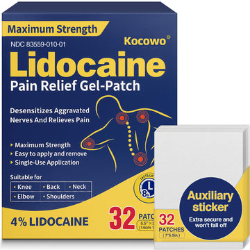 Kocowo 4% Lidocaine Maximum Strength Pain Relief Gel Patches with Auxiliary Patches for Neck Back Knee Joint Ache Muscle Soreness, 3.9” x 5.5”, 32-Count Box, NDC：83559-010-01 KocowoBuy Supplements Australia