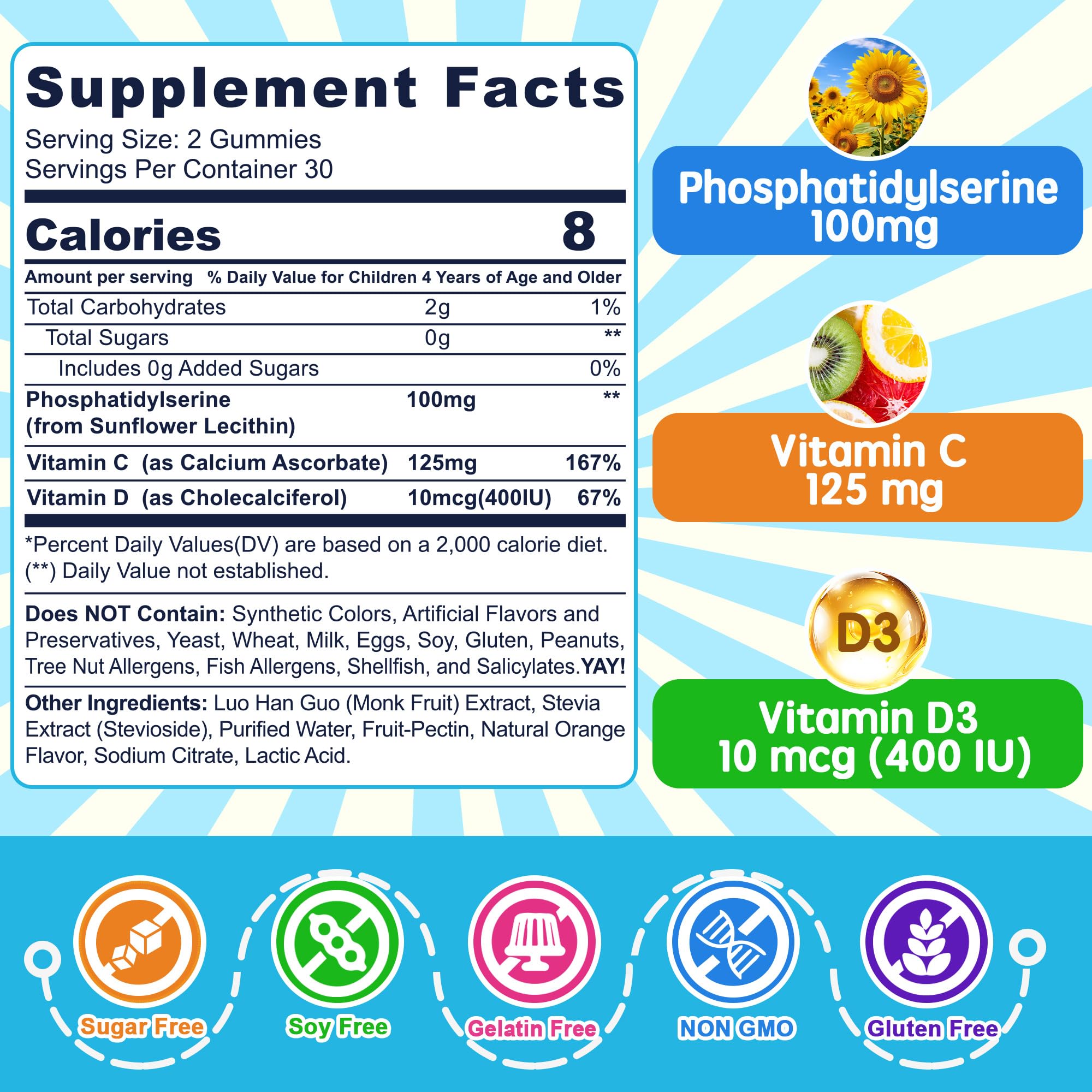 Phosphatidylserine Supplement 100mg, Focus Gummies for Kids Teens + Vitamin C & D3 400IU, Sugar Free Kids Brain Gummies Increase Attention & Concentration, Chewable, Vegan, Gluten Free, Non-GMO 2 Pack