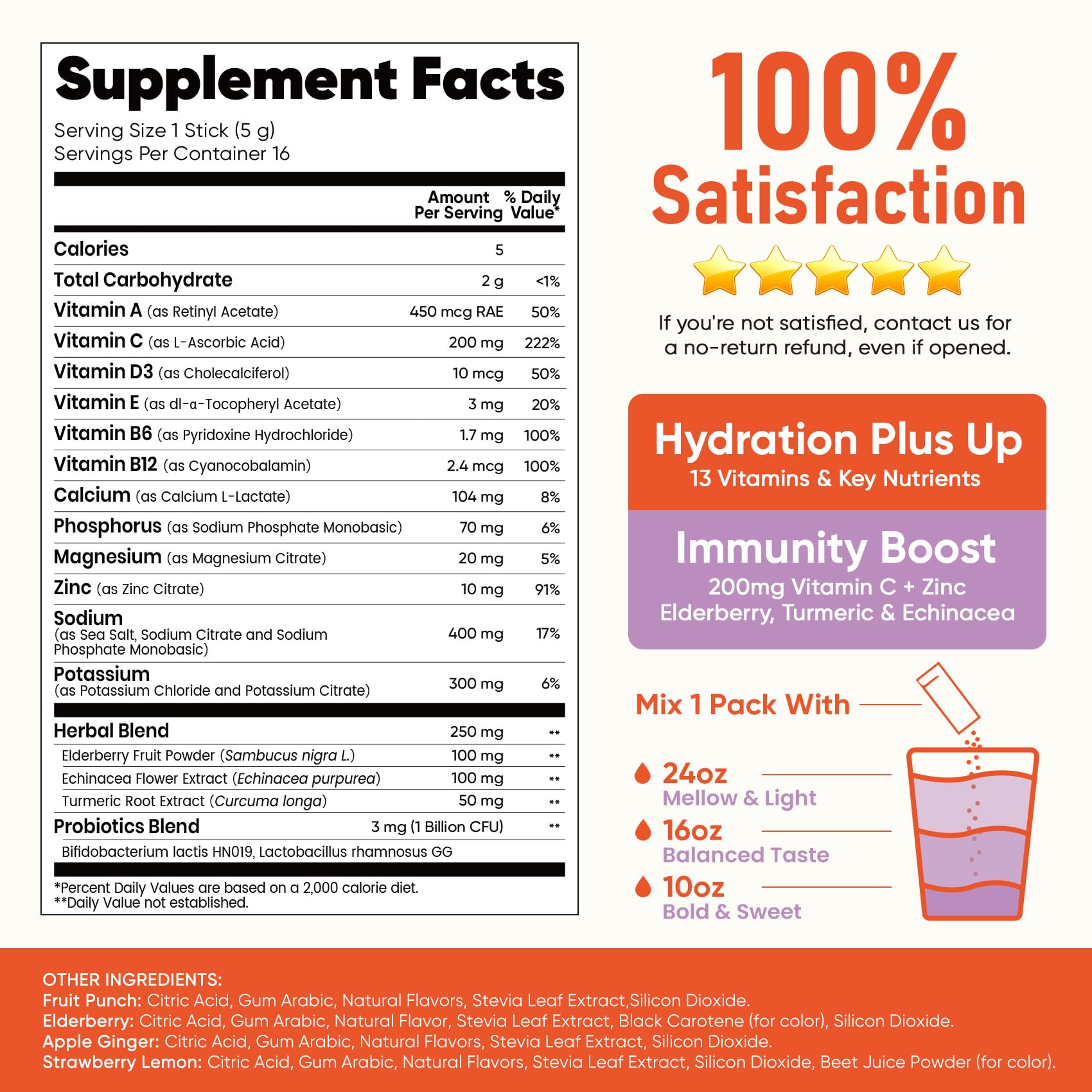 Venture Pal Sugar Free Hydration Packets+Immune-Liquid Daily IV Drink Mix | Electrolyte Powder with 7 Electrolytes & 6 Vitamins, Probiotics + Elderberry | Non-GMO, Keto Friendly, Vegan | 16 Sticks