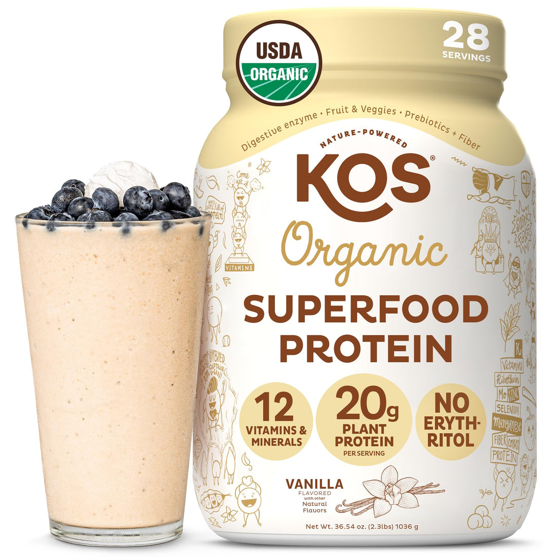 KOS Vegan Protein Powder Erythritol Free, Vanilla USDA Organic - Pea Protein Blend, Plant Based Superfood Rich in Vitamins & Minerals - Keto, Dairy Free - Meal Replacement for Women & Men, 28 Servings KOS buy supplements Au
