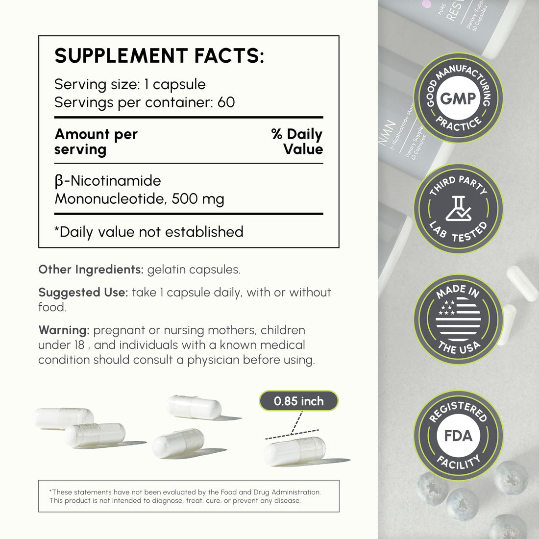 partiQlar NMN Supplement 500mg - High Purity Nicotinamide Mononucleotide - NAD+ Booster for Anti-Aging, Cellular Energy & Longevity - 60 Veggie Capsules partiQlar buy supplements Au