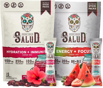 Salud 2-Pack | 2-in-1 Hydration + Immunity (Hibiscus) & Energy + Focus (Strawberry Watermelon) – 15 Servings Each, Agua Fresca Drink Mix, Non-GMO, Gluten Free, Vegan, Low Calorie, 1g of Sugar