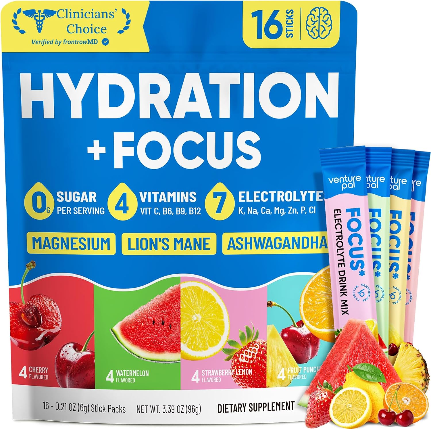 Venture Pal Sugar Free Hydration + Focus Electrolyte Packets, 16 Sticks | 7 Electrolytes + Vitamins, Magnesium, Lion's Mane & Ashwagandha, Boost Clarity & Energy, Electrolytes Powder, Vegan, Keto