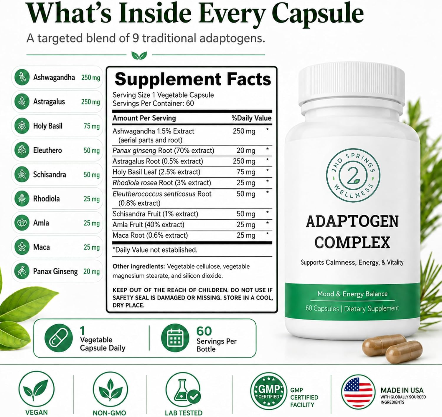 Adaptogen Complex Calmness, Energy and Vitality Booster - Ashwagandha, Schisandra, Astragalus, Ginseng, Rhodiola, and More - Adrenal Support Supplements - 60 Ct
