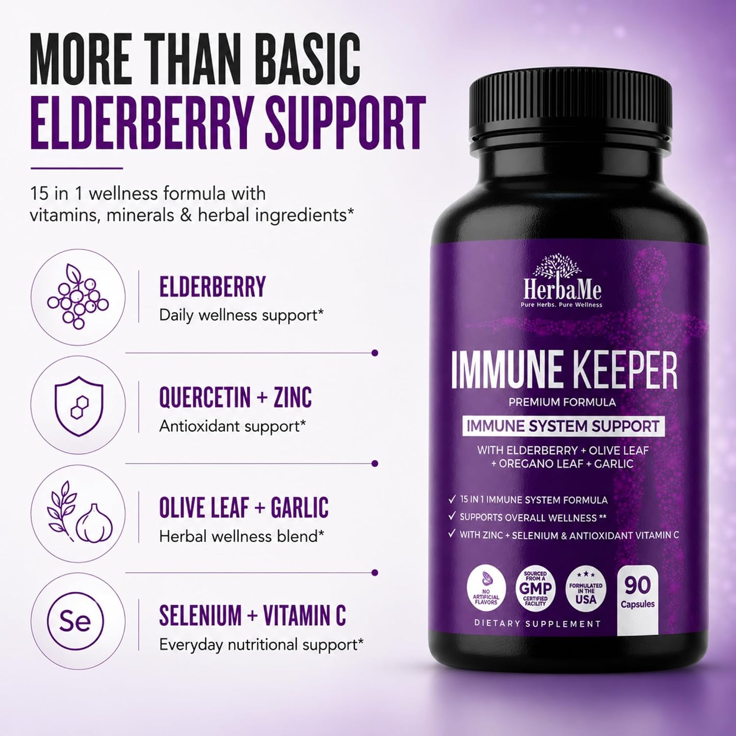 HerbaMe Immune Support Supplement, 15 in 1 Daily Wellness Formula with Elderberry, Quercetin, Zinc, Vitamin C & Selenium, Olive Leaf & Garlic for Men & Women, 90 Capsules
