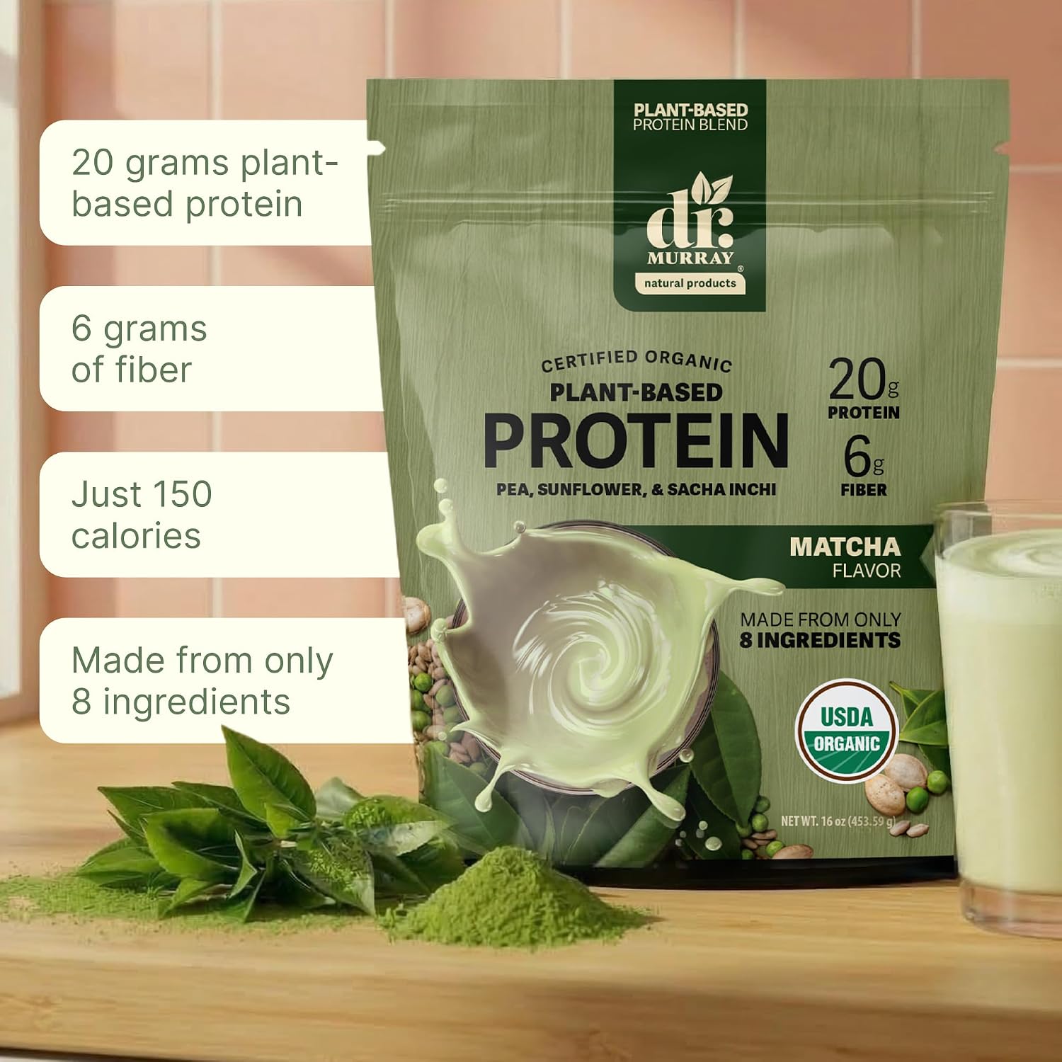 Dr. Murray's USDA Organic Plant Based Protein Powder | 20g Protein | 6g Fiber | Vegan & Keto | Gluten & Dairy Free | Low Carb | No Added Sugar | Matcha, 1 lb.