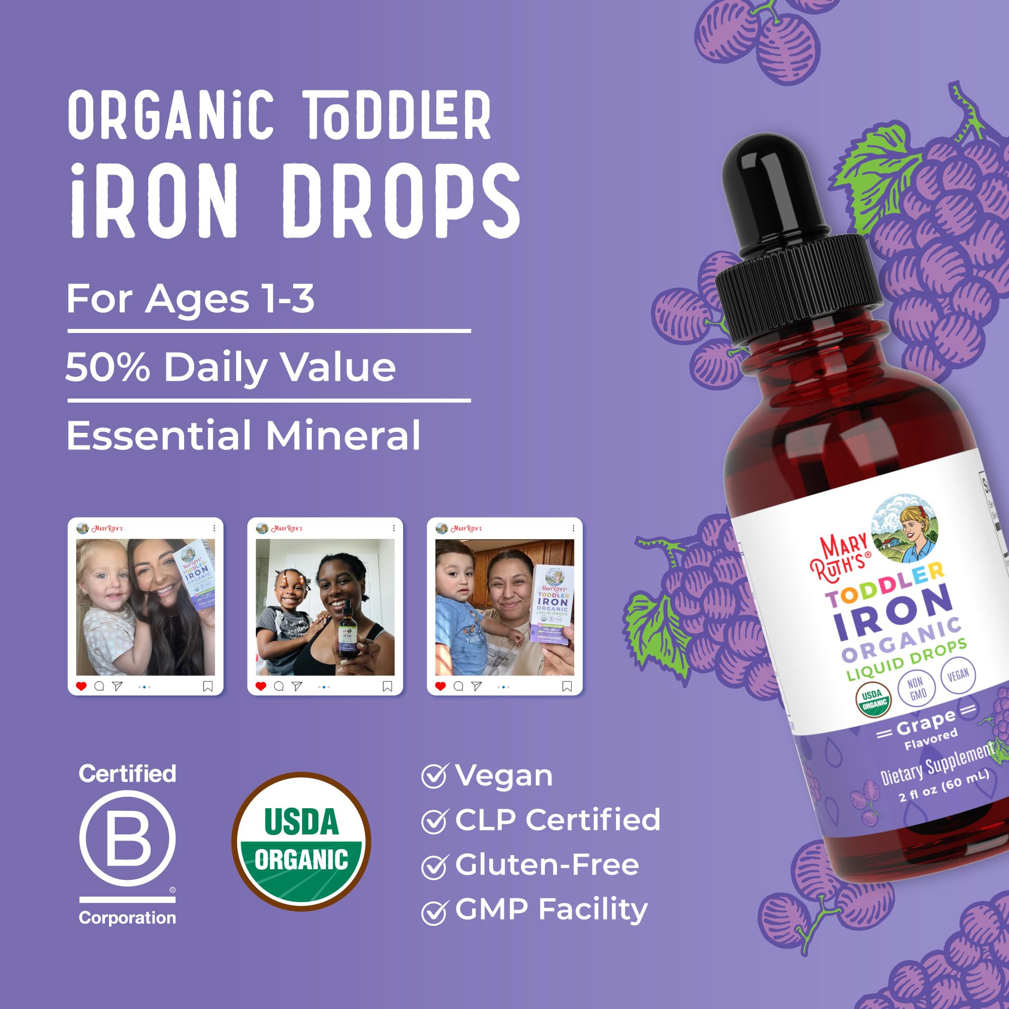 MaryRuth's Iron Supplement for Toddlers | Liquid Iron Supplement for Children Ages 1-3 | Iron Supplement for Iron Deficiency | Ferrochel | Sugar Free | Vegan | Non-GMO | Gluten Free | 2 Fl Oz
