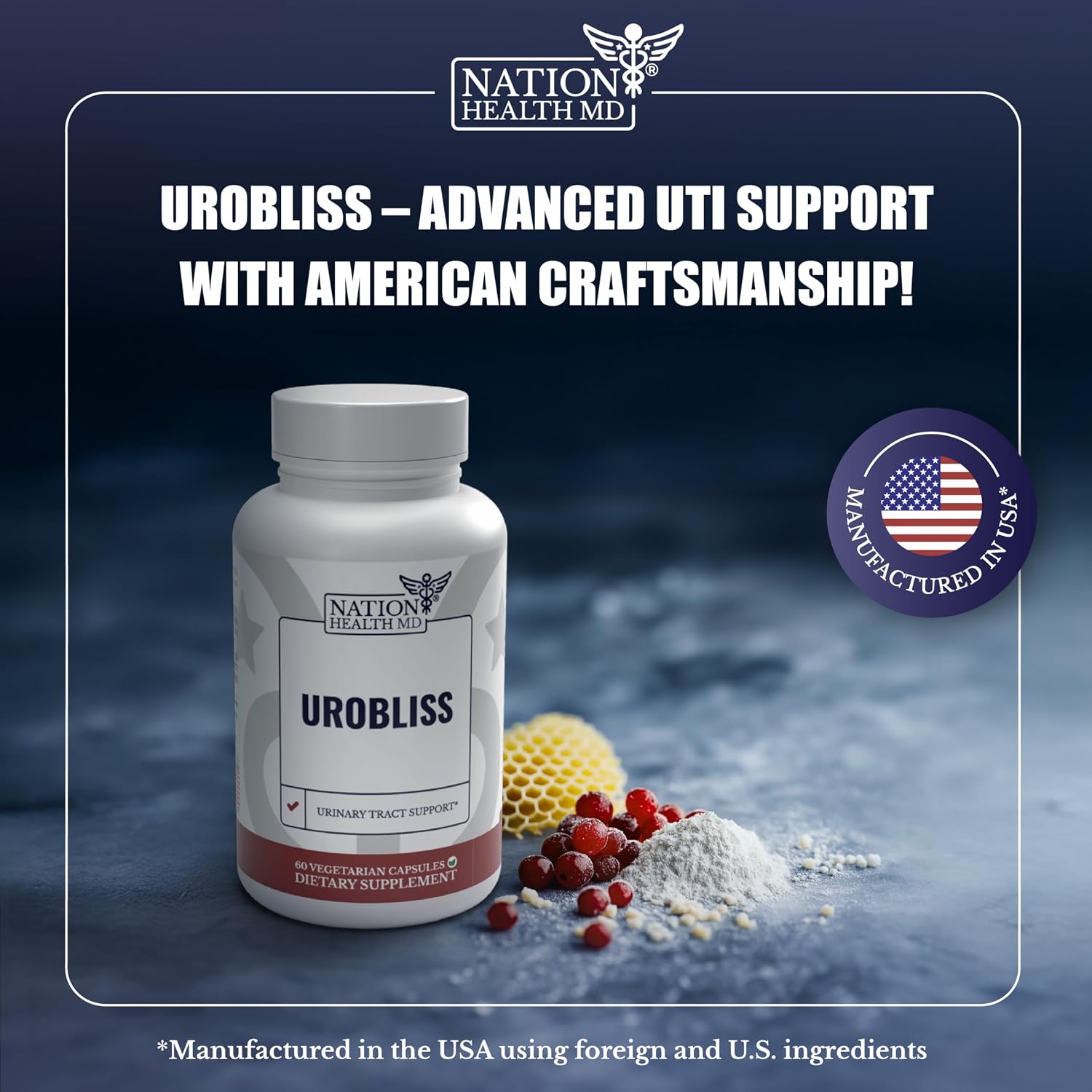 UroBliss UTI Supplements - D Mannose with Cranberry Extract, Propolis & Vitamin D3 - UTI Relief, Bladder Support & Urinary Tract Health for Women - 60 Capsules