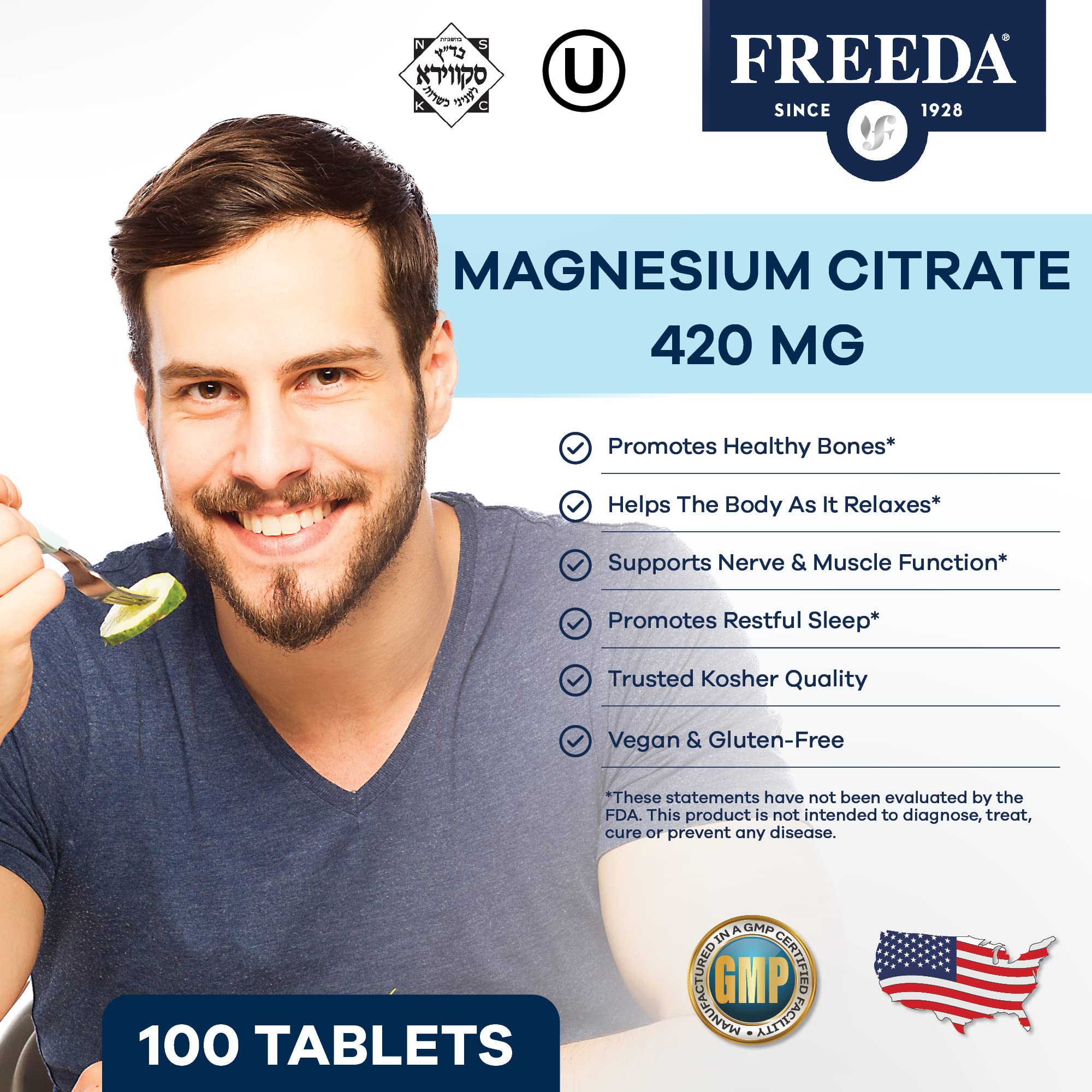 FREEDA Magnesium Citrate Powder for Bone, Joint, & Muscle Support 100 Count | Supports Nerve Health, Relaxation, Sleep, Metabolism, & Digestive Function – Kosher, Vegan, Gluten-Free, Made in USA