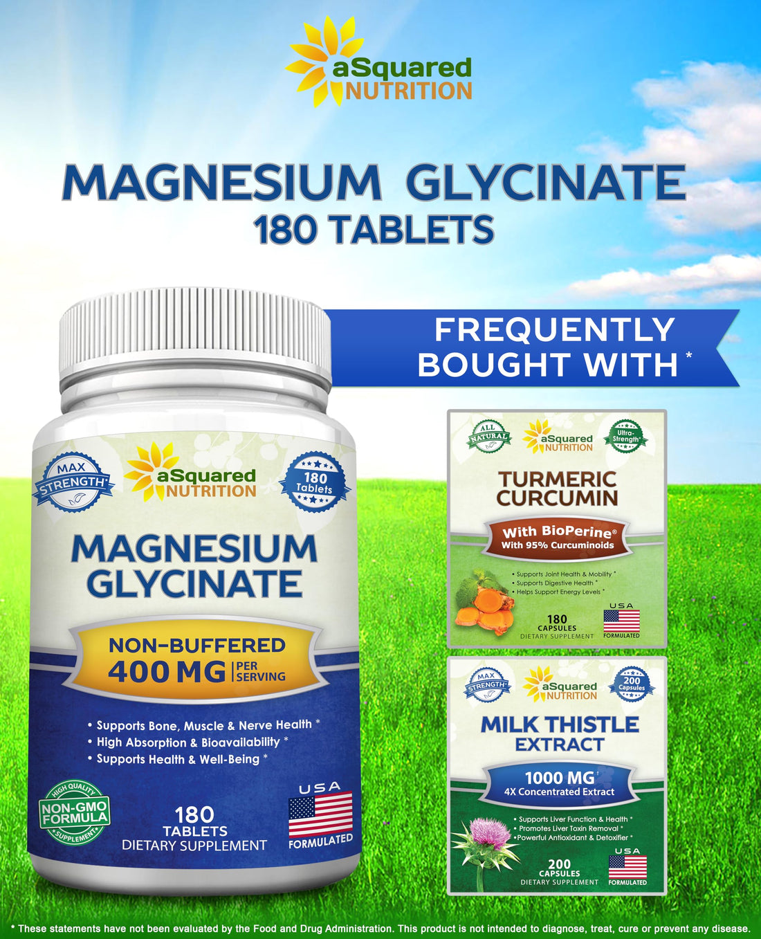 aSquared Nutrition Magnesium Glycinate 400mg - 180 Tablets - Max Strength Magnesium Bisglycinate Supplement -Maximum Bioavailability & Absorption-Non-GMO