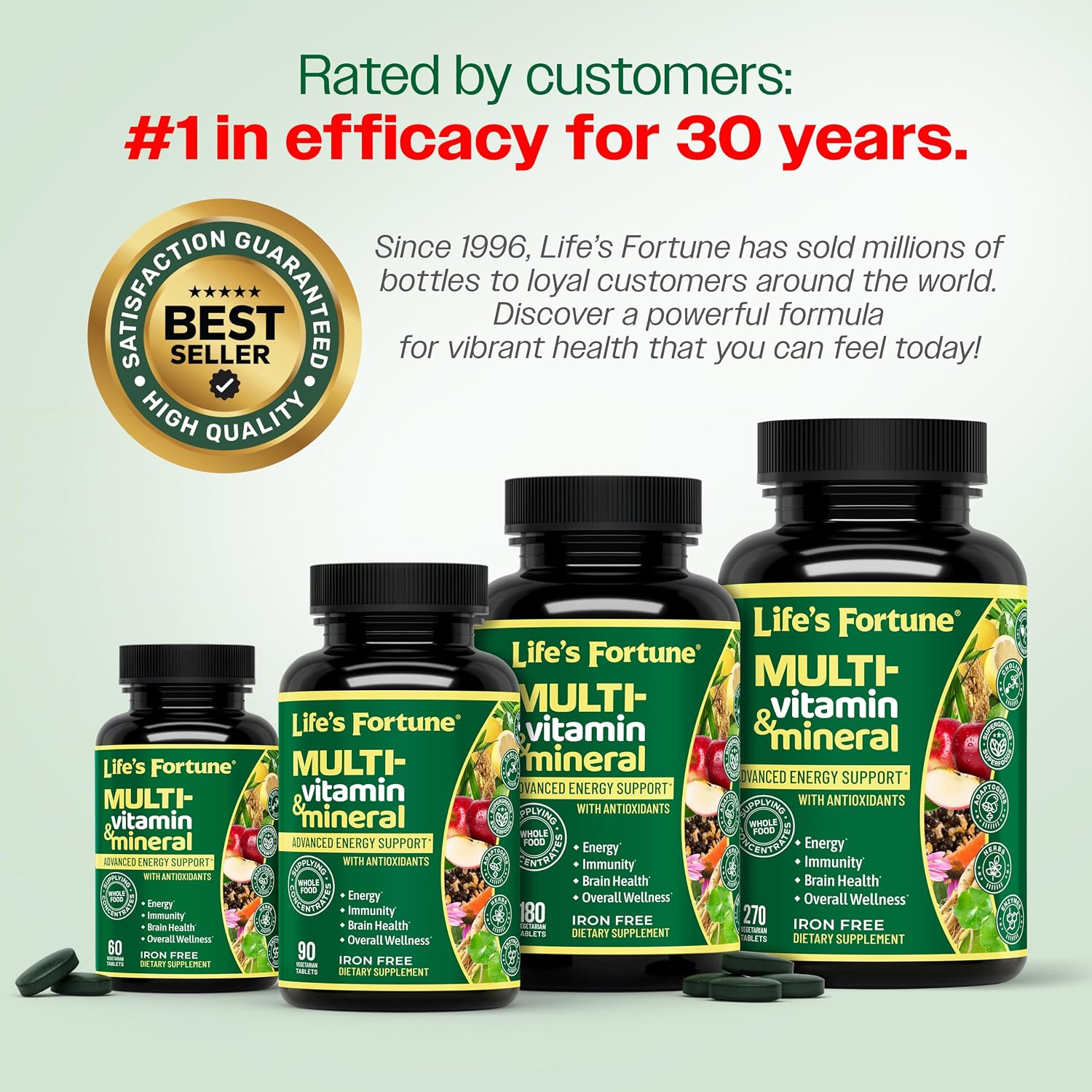 Life's Fortune Whole Food Multivitamin & Mineral Supplement for Men & Women – Energy Support Vitamins for Immune, Brain & Metabolism Support – Iron Free, 270 Vegetarian Tablets