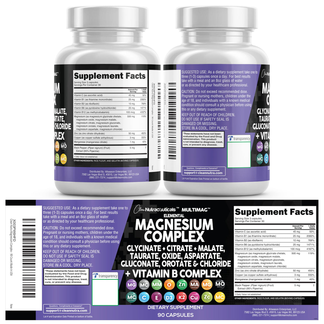 Two bottles of elemental magnesium complex dietary supplement with colorful labels on a white background.