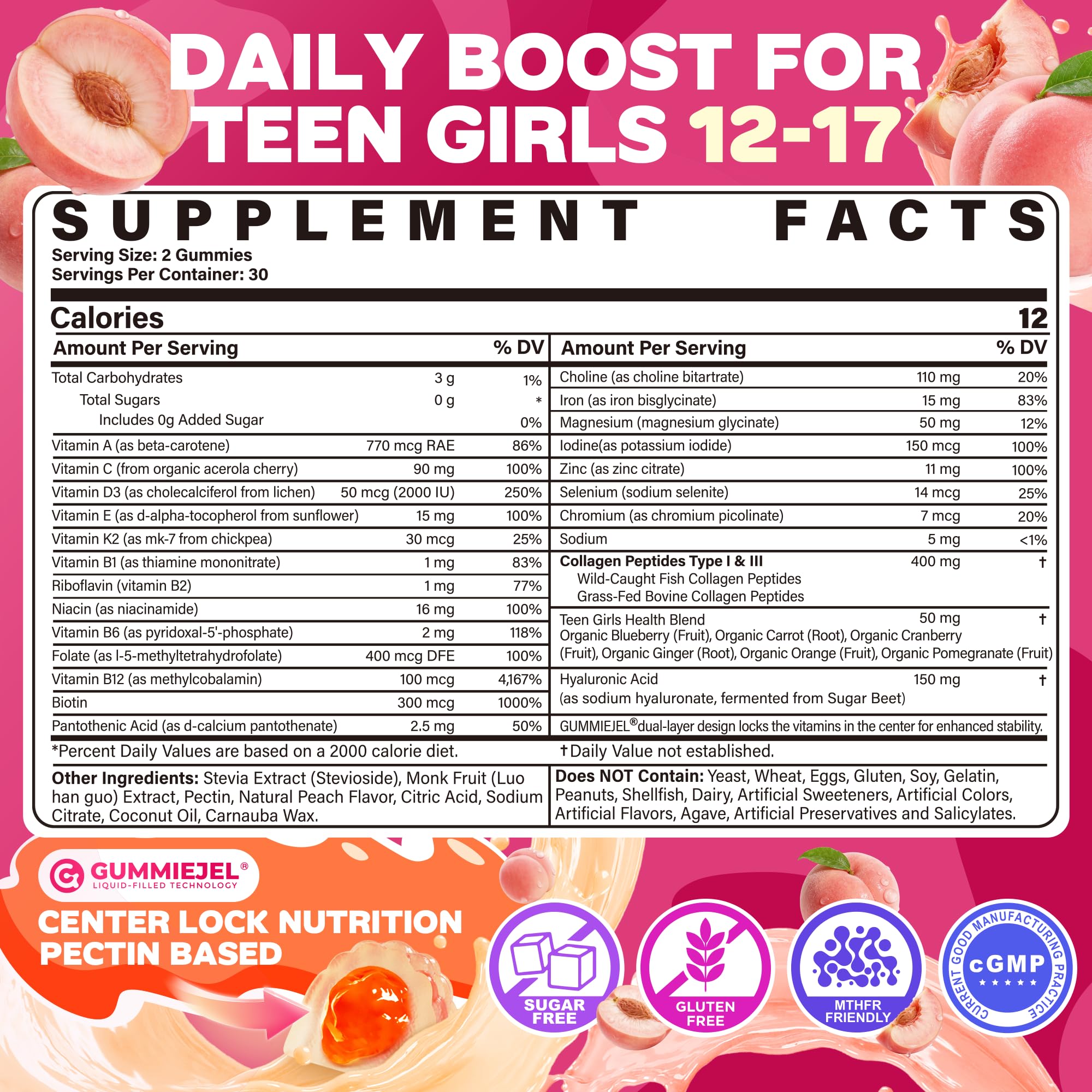 Methylated Multivitamin Gummies for Teen Girls 12-17, Methylfolate, Iron, Collagen, D3 K2, Magnesium, Zinc, Daily Vitamins A C E, B Complex for Teenager Growth, Skin, Bone, Energy - Sugar Free, 60 Cts