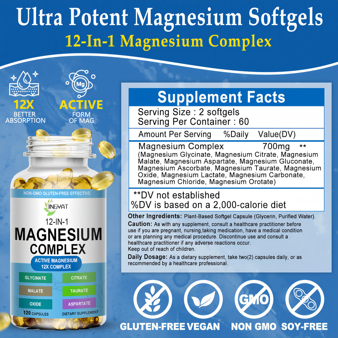 Bottle of magnesium complex supplement with visible label on a white background
