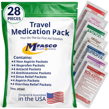 MFASCO - 7 in 1 - Travel Size Medicine Kit - TSA Approved | 28 First Aid Emergency OTC Medicine Packets for Cruise & International Travel | Compact Med Refill for Traveling & Office Assembled in USA MFASCO buy supplements Au