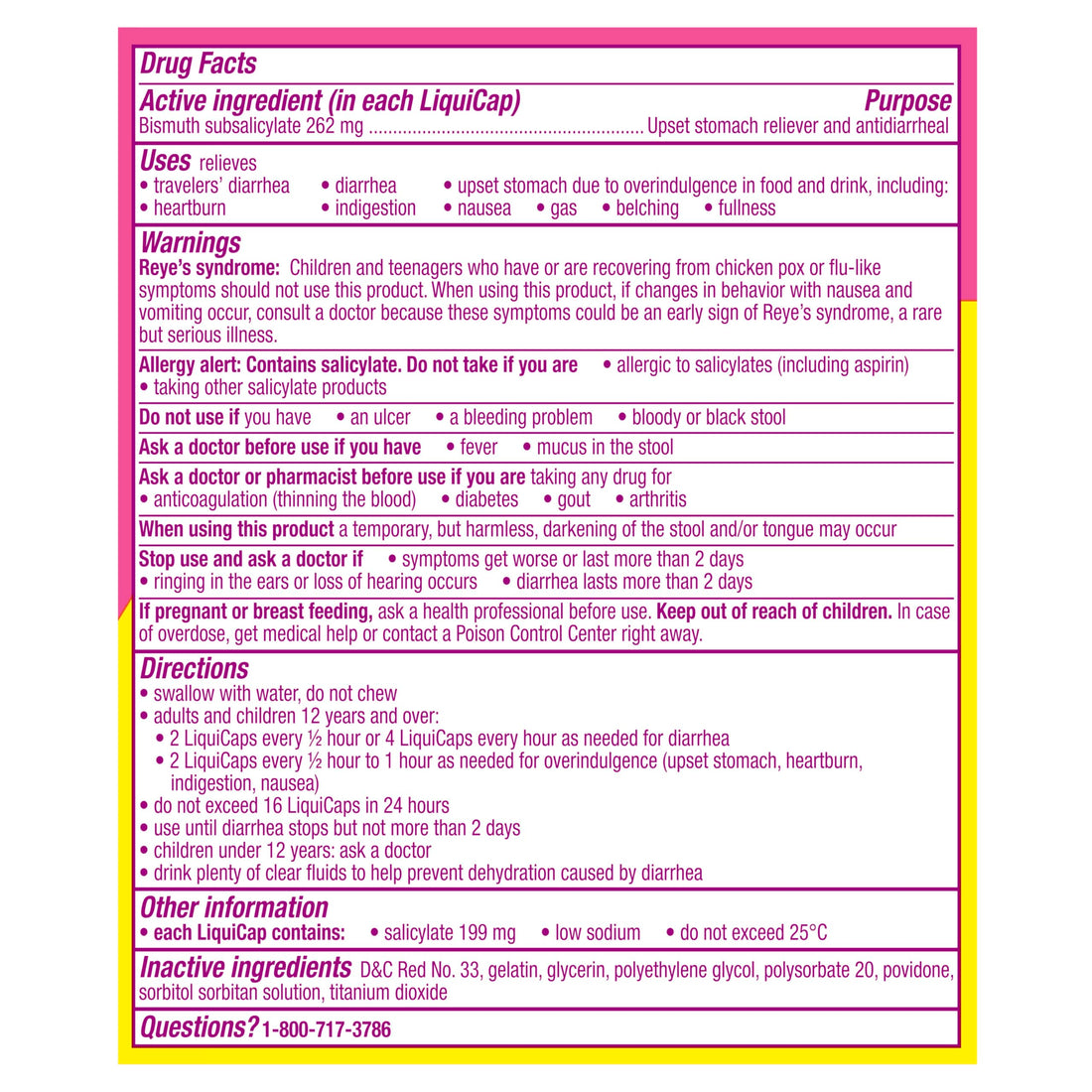 Pepto-Bismol Liquicaps packaging with pink and yellow design on a white background