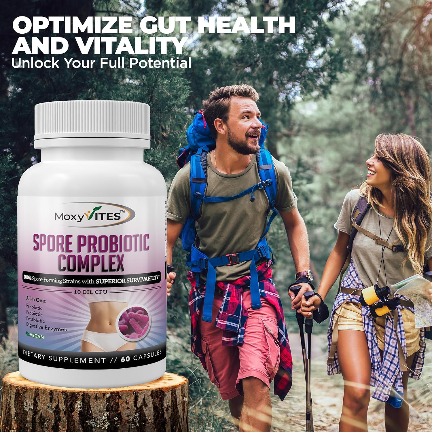 MoxyVites Spore Probiotic Complex - All In One Prebiotics and Probiotics for Digestive Health, Postbiotic, Digestive Enzymes Daily Supplement - Spore Based Probiotic for Women & Men