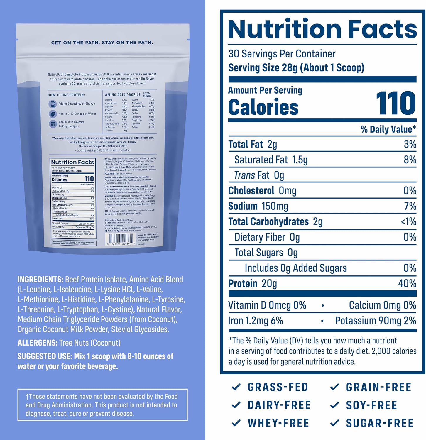 NativePath Complete Protein, 20g Grass-Fed Beef, Vanilla, 30 Servings | Dairy-Free, Whey-Free Isolate, Essential Aminos Plus MCTs, Lactose-Free & Easy To Digest, Keto, No Sugar