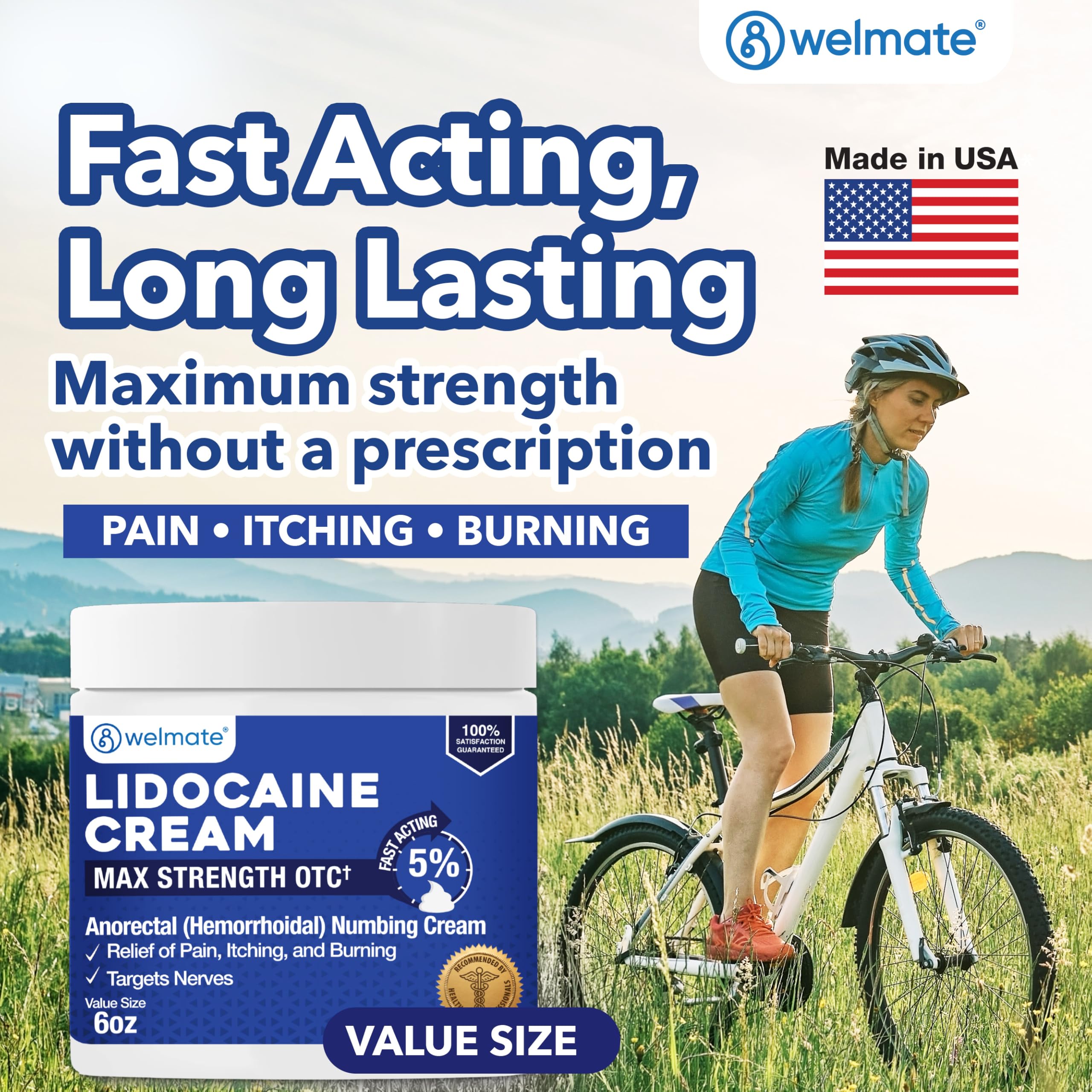 WELMATE 5% Lidocaine Cream for Hemorrhoids, 6 oz Jar – Fast-Acting Lidocaine Numbing Cream & Topical Analgesic Cream for Anorectal Itch Relief