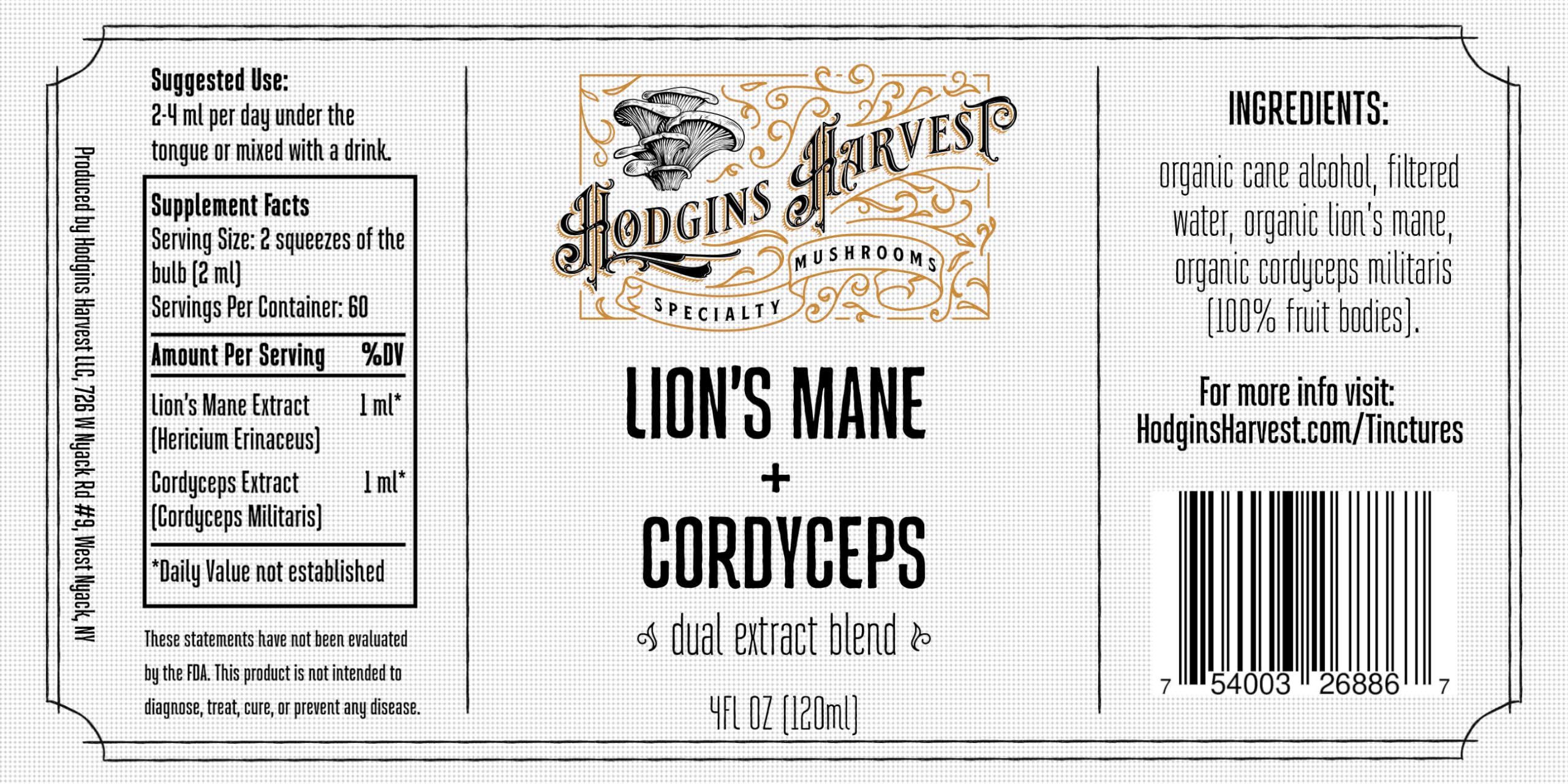 Hodgins Harvest Organic Lion's Mane Fruiting Body Extract Tincture - Mushroom Supplement for Brain Health and Mental Focus - Dual Extract Formula - Extra Concentrated - 4 fl oz Bottle
