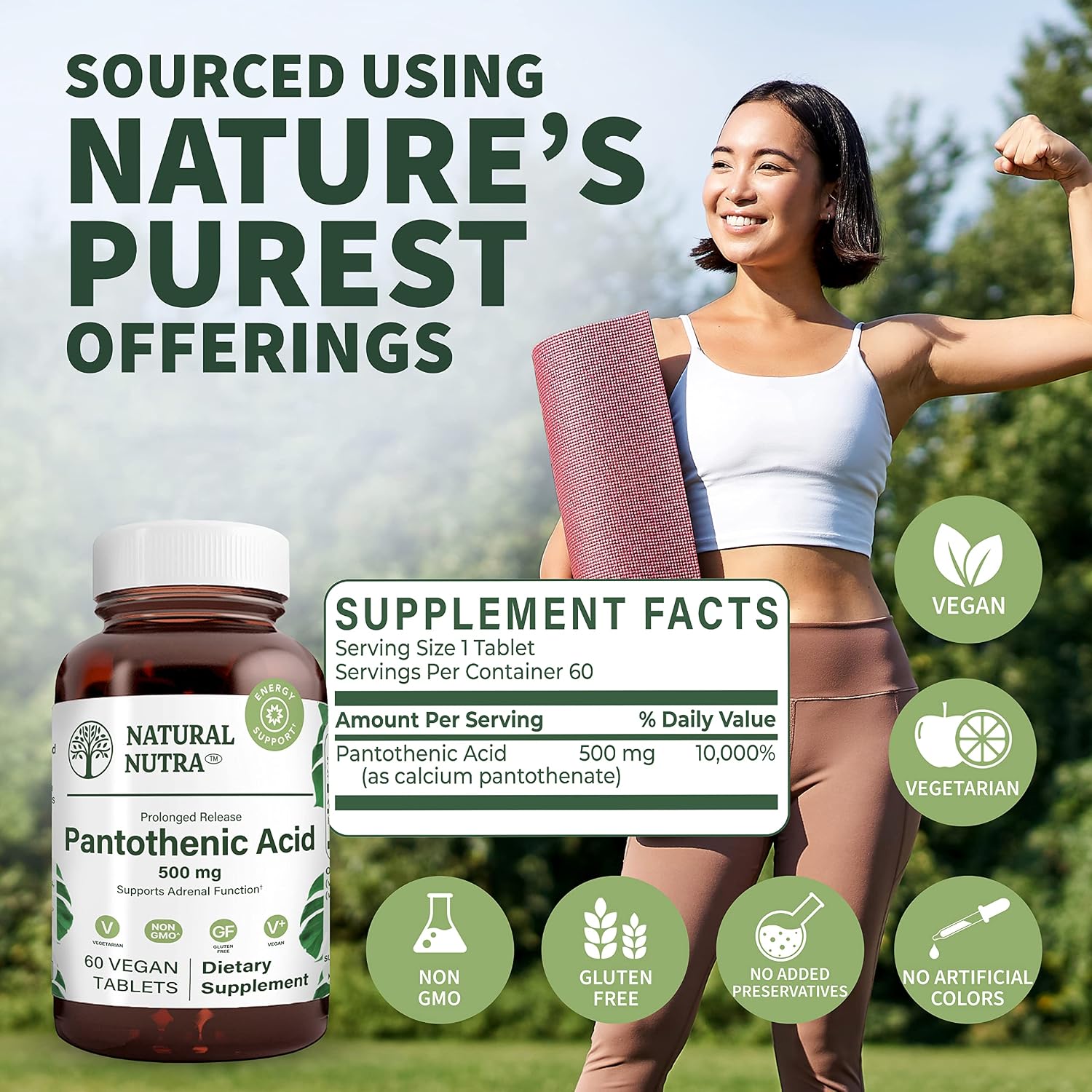 Natural Nutra Time Release Pantothenic Acid 500 mg, Vitamin B5 Supplement Helps Break Down Fat and Carbohydrates, Metabolism and Energy, Improve Muscle Health, Reduce Skin Spots, 60 Vegetarian Tablets