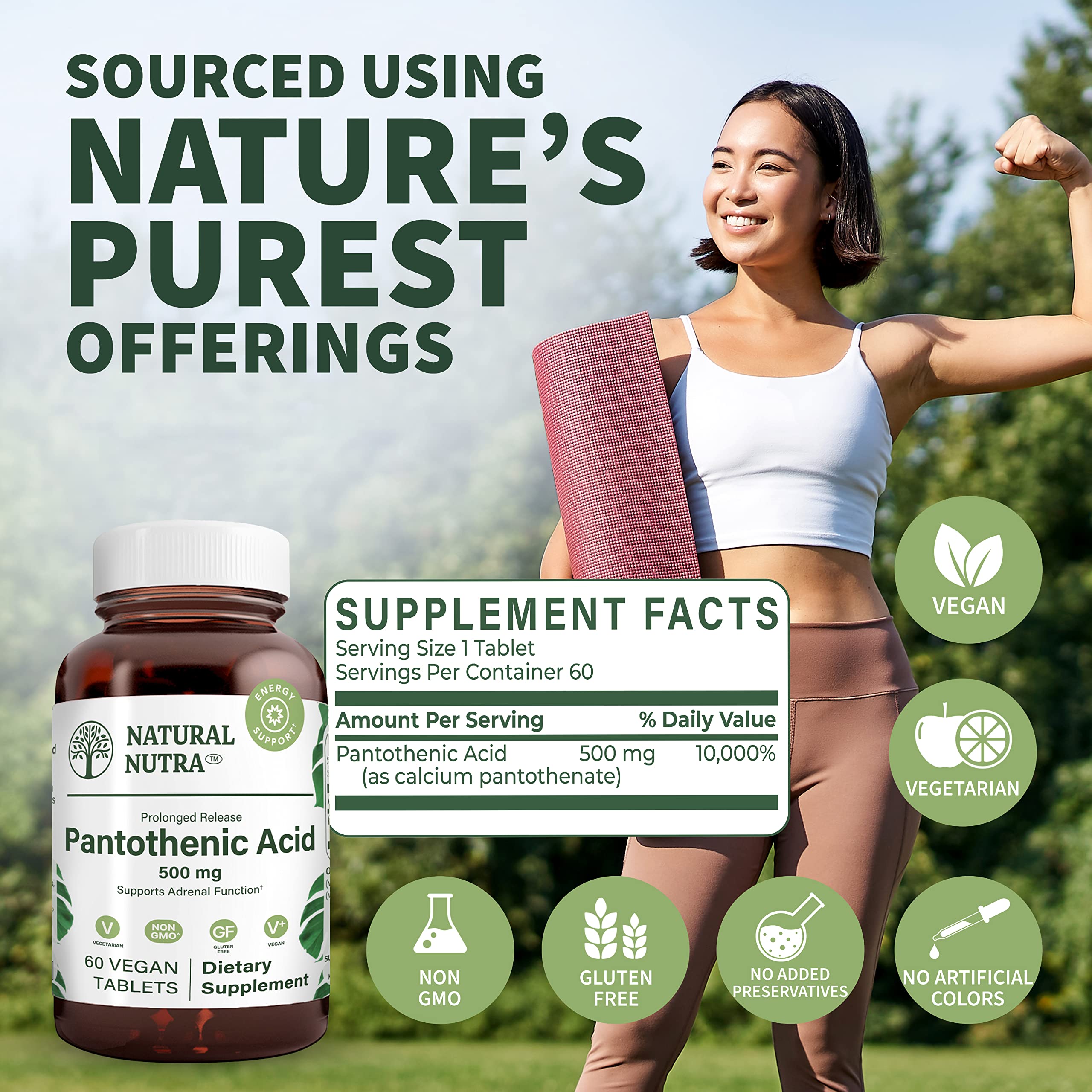 Natural Nutra Time Release Pantothenic Acid 500 mg, Vitamin B5 Supplement Helps Break Down Fat and Carbohydrates, Metabolism and Energy, Improve Muscle Health, Reduce Skin Spots, 60 Vegetarian Tablets