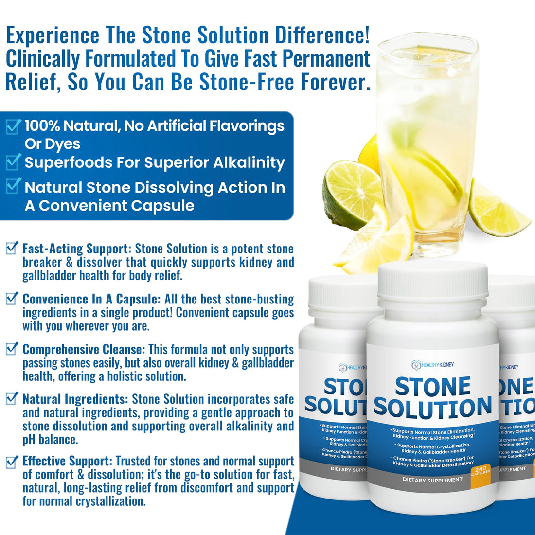 Supplement bottle labeled 'Stone Solution' by Healthy Kidney on a white background