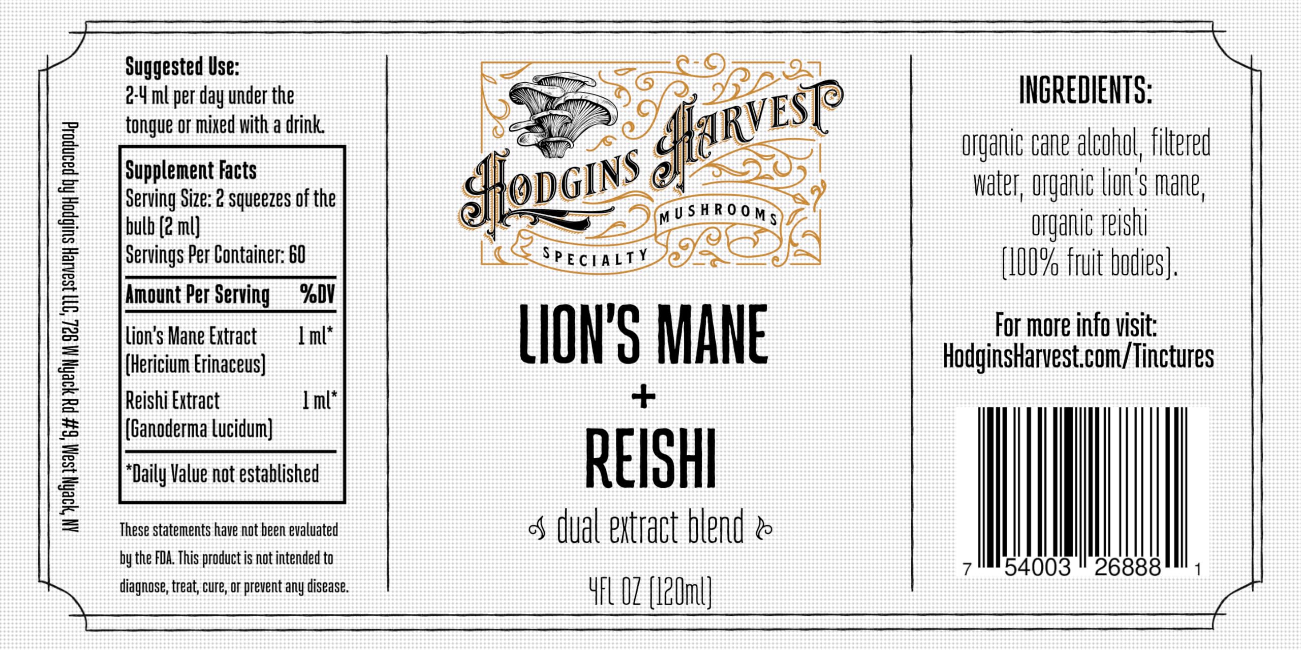 Hodgins Harvest Organic Lion's Mane Fruiting Body Extract Tincture - Mushroom Supplement for Brain Health and Mental Focus - Dual Extract Formula - Extra Concentrated - 4 fl oz Bottle