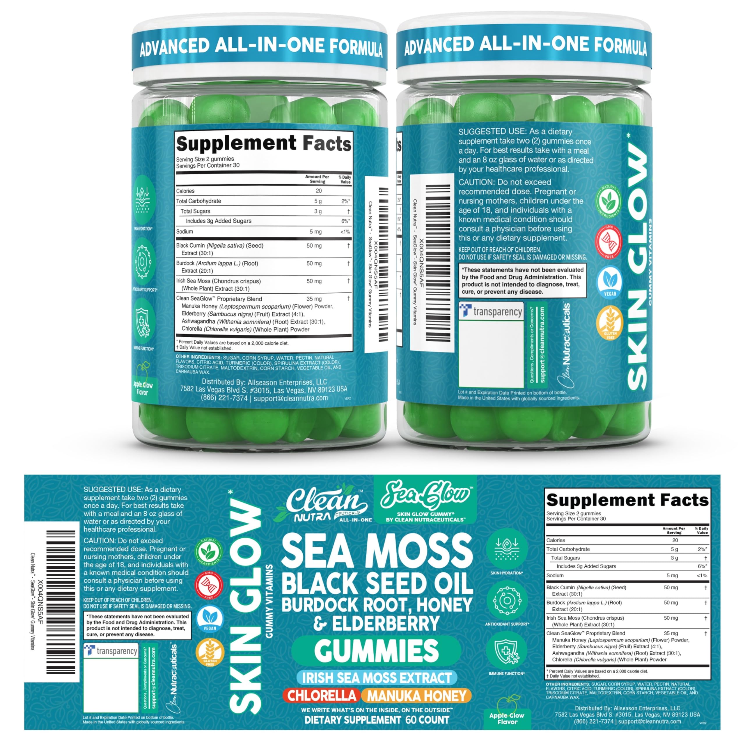 Clean Nutra Sea Moss Gummies Black Seed Oil Chlorella Ashwagandha Root Hair Growth Skin Glow Irish Sea Moss Elderberry Burdock Manuka Honey Trace Minerals Detox 60 Gummy Vitamins Sea Glow Supplement Clean NutraceuticalsBuy Supplements Australia