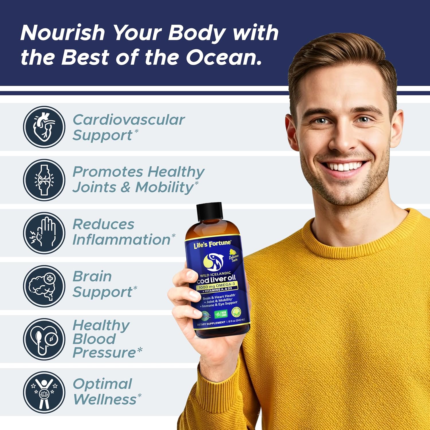 Life's Fortune Cod Liver Oil Liquid Lemon Flavor Organic Supplement with DHA, EPA 1000 mg High Potency Omega-3s + Vitamin A, E & D3 - Supports Immune, Joints, Eyes, 16 Fl Oz (Pack of 1)