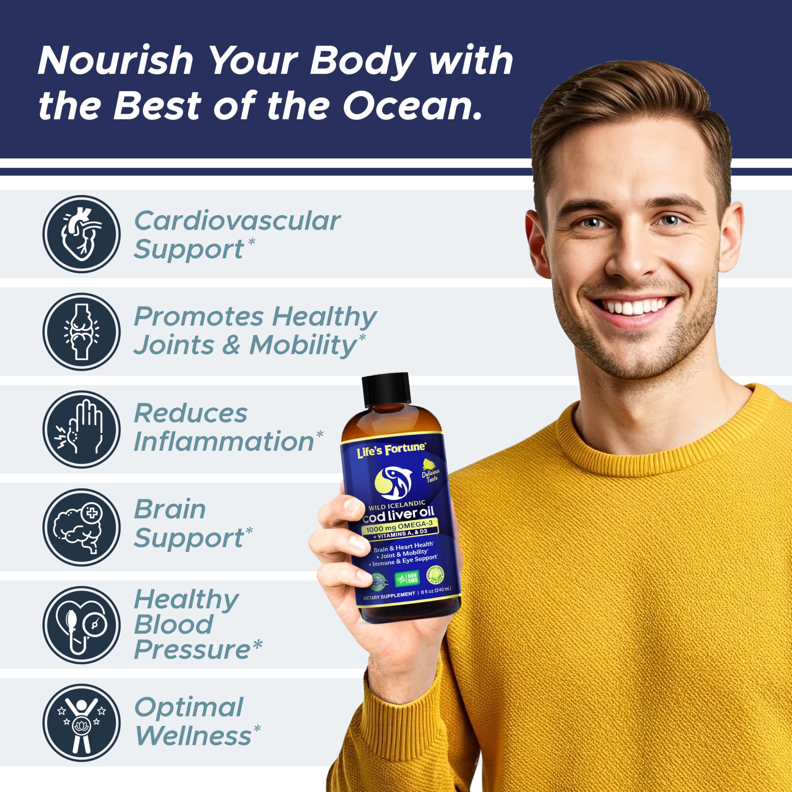 Life's Fortune Cod Liver Oil Liquid Lemon Flavor Organic Supplement with DHA, EPA 1000 mg High Potency Omega-3s + Vitamin A, E & D3 - Supports Immune, Joints, Eyes, 16 Fl Oz (Pack of 1)