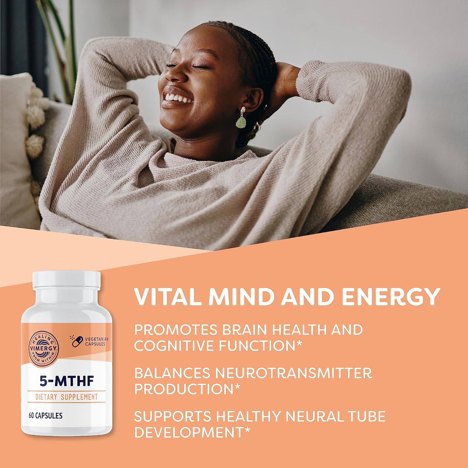 Vimergy 5-MTHF Capsules – 60 Servings (1 Capsule/Serving) 8500mcg L-Methylfolate Glucosamine and 500 mcg Vitamin B12 Supplement –Bioavailable Folate Supplement, Vegan (60 ct)