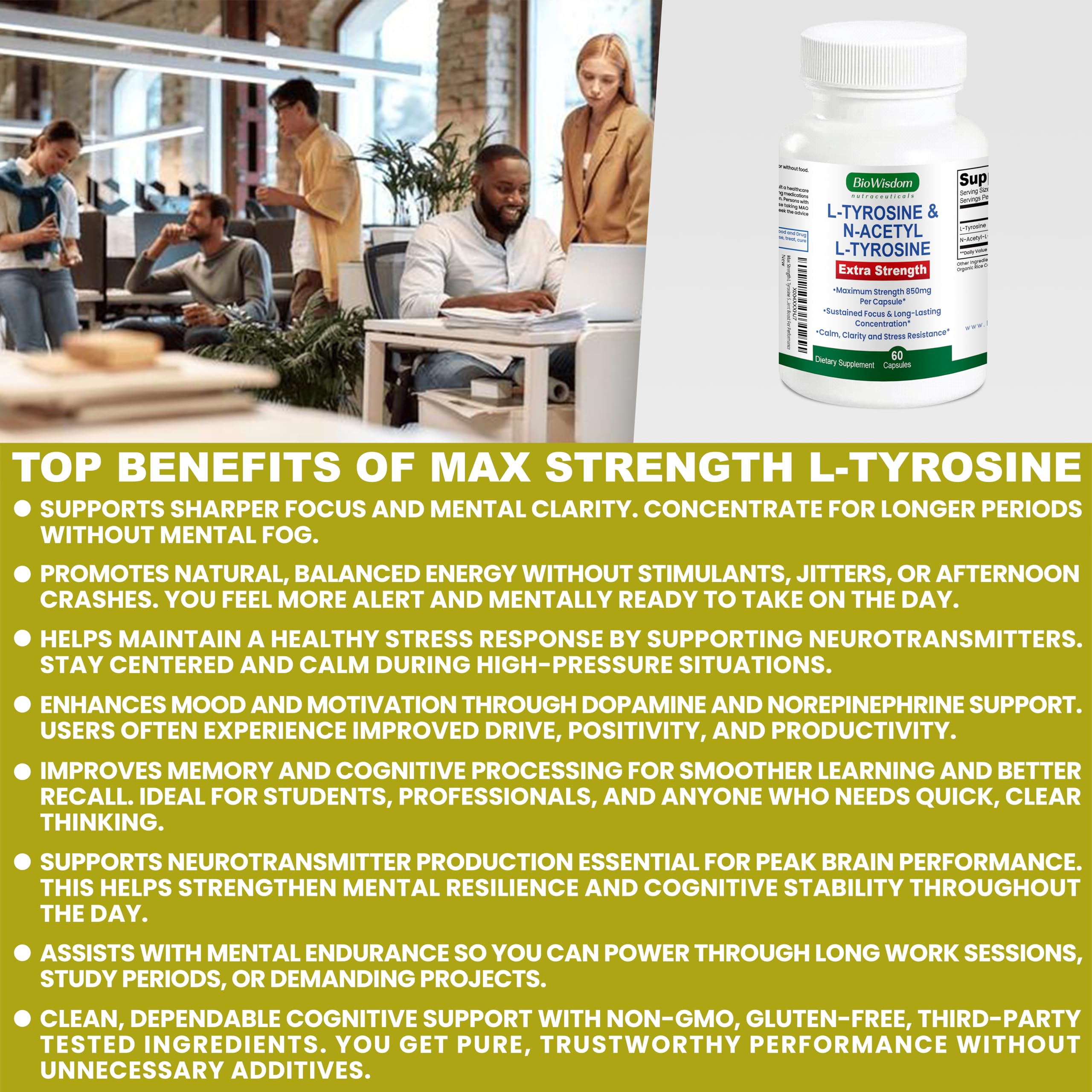 Max Strength L Tyrosine Supplement & N Acetyl L Tyrosine Peak Focus, Alertness, Concentration, Body & Mind Energy. L-Tyrosine 850mg Per 1 Capsule. A Well-Being Nutrient Boost For Performance BioWisdom Nutraceuticals buy supplements Au