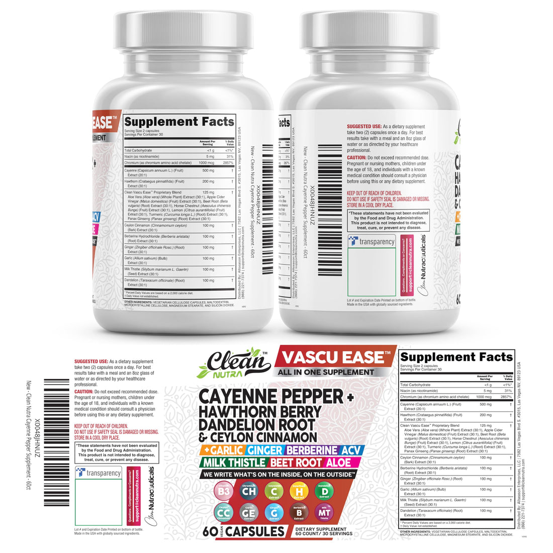 Supplement bottle labeled 'Vascu Ease' with various health benefits listed on a white background.