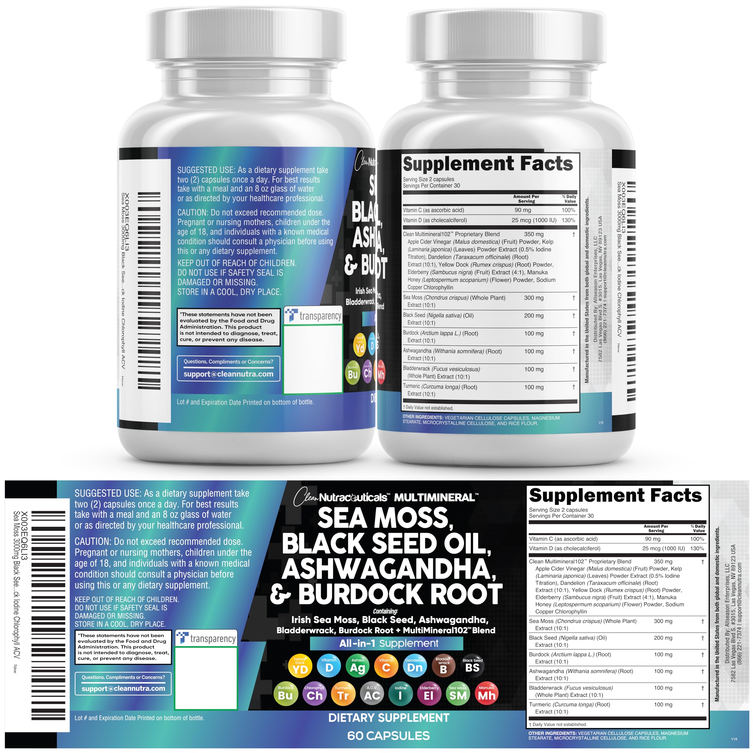 Clean Nutraceuticals Sea Moss Black Seed Oil Ashwagandha Turmeric Bladderwrack Burdock & Vitamin C Vitamin D3 with Elderberry