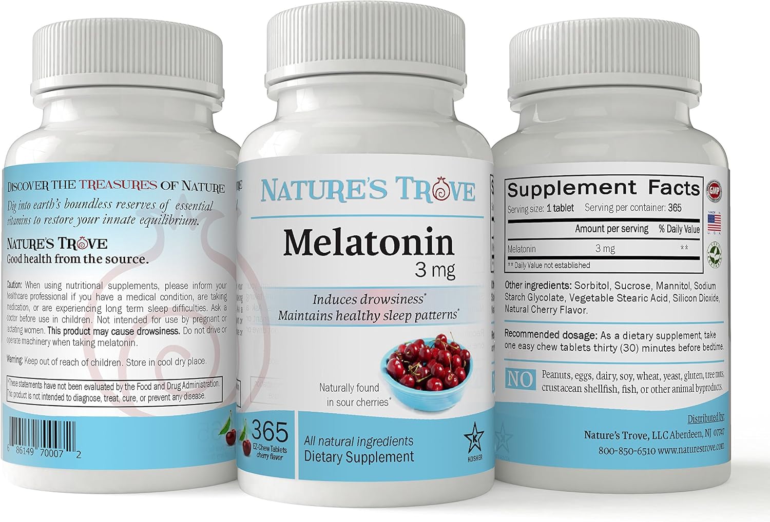 Nature's Trove Melatonin 3mg Chewable, 365 Chewable Melatonin Cherry Flavor Tablets