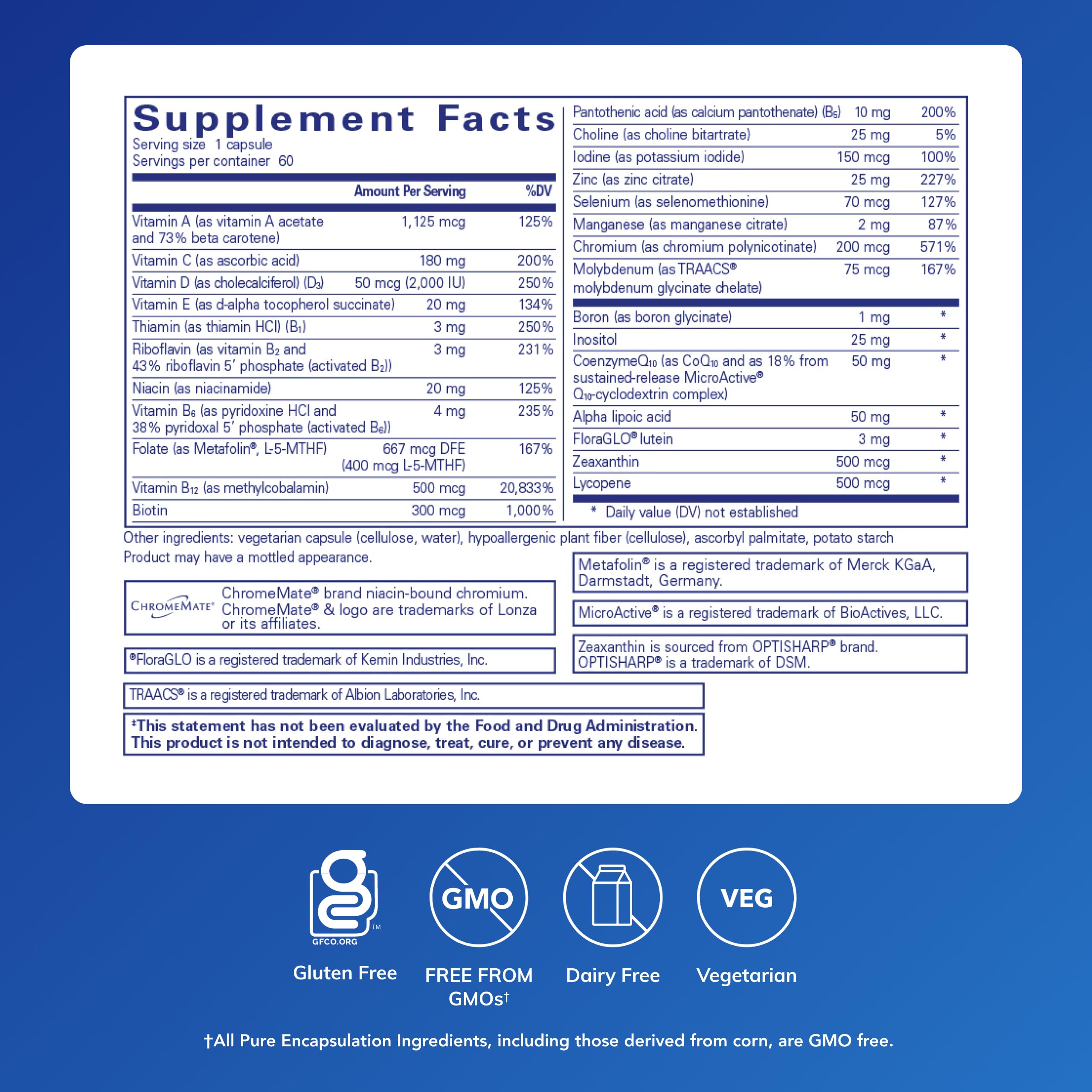 Pure Encapsulations O.N.E. Multivitamin - Once Daily Multivitamin with Antioxidant Complex Metafolin, CoQ10, and Lutein to Support Vision, Cognitive Function, and Cellular Health* - 60 Capsules Pure Encapsulations buy supplements Au